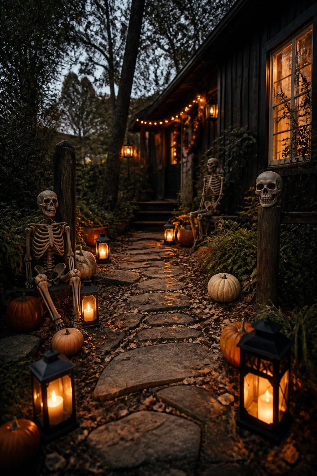 Stone walkway lined with multiple skeletons, pumpkins, and glowing lanterns leading to a dark house at dusk.