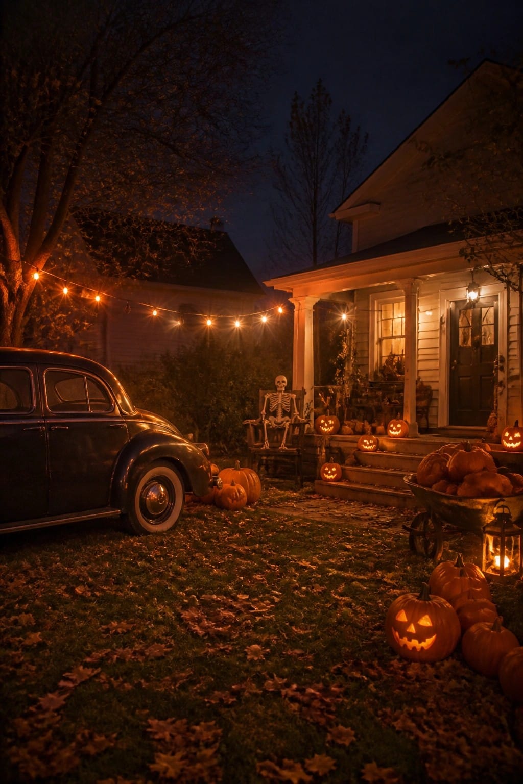 Front porch at night with a skeleton seated in a rocking chair, surrounded by glowing jack-o'-lanterns and a wheelbarrow full of pumpkins.