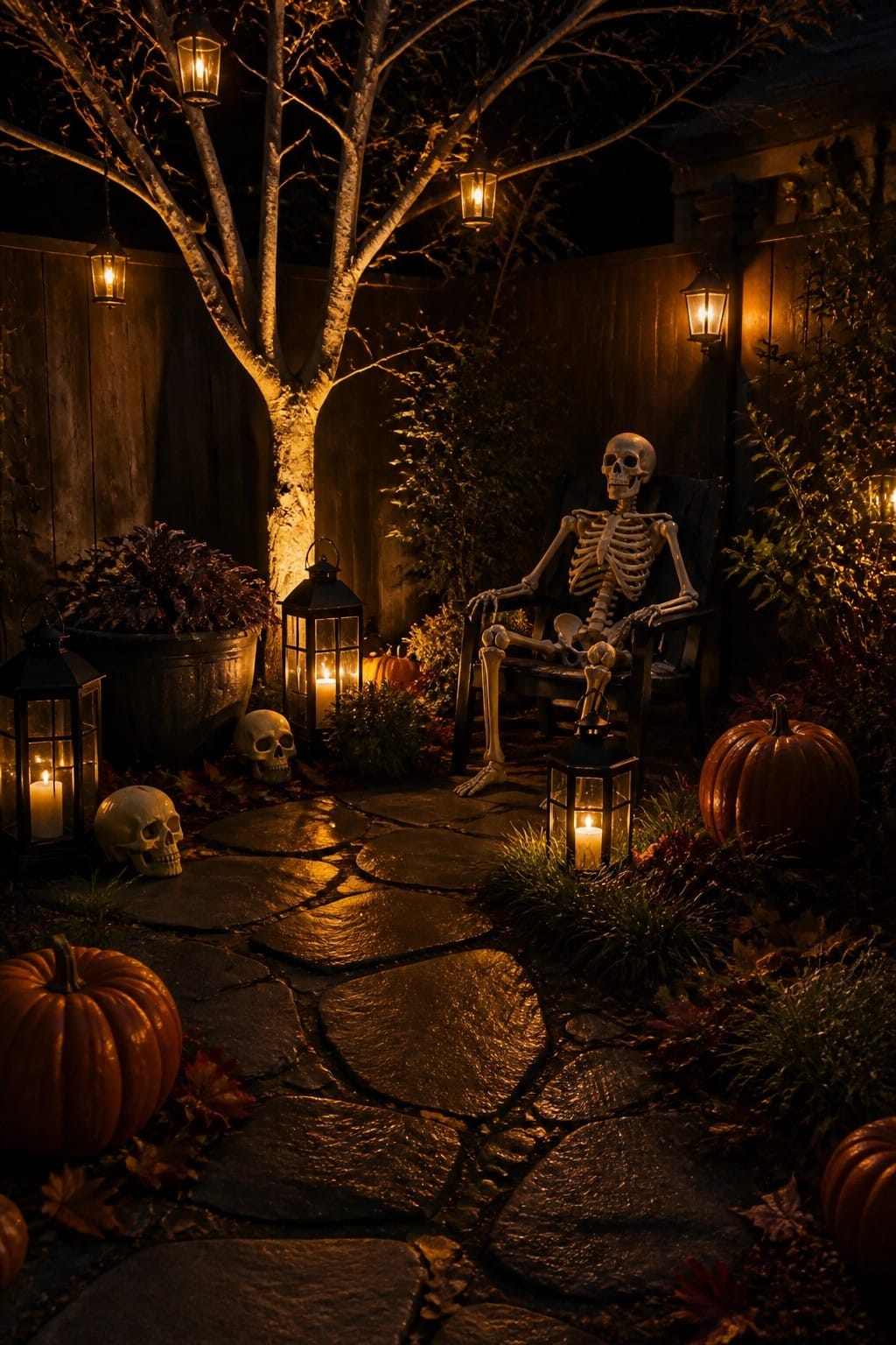 A skeleton seated in a dark chair on a stone walkway at night, surrounded by glowing lanterns and pumpkins.