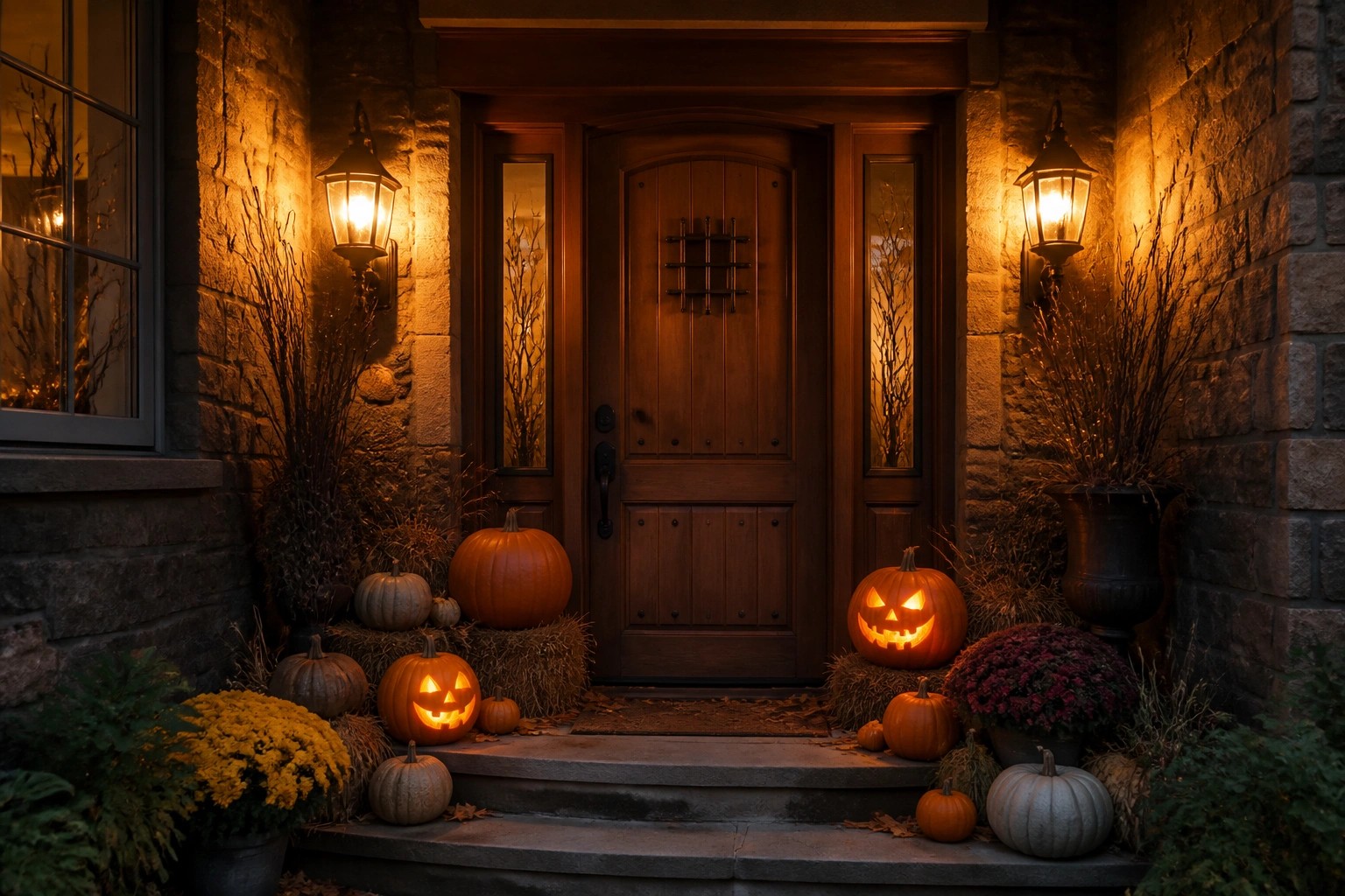 Spooky Halloween porch with pumpkins, skeleton, lit lanterns, and crow on stone steps