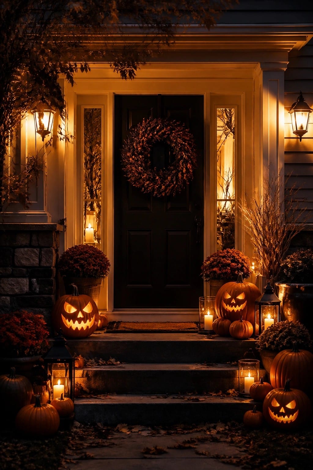 Glowing jack-o'-lanterns, lanterns, and autumn foliage decorate steps of dark door with wreath