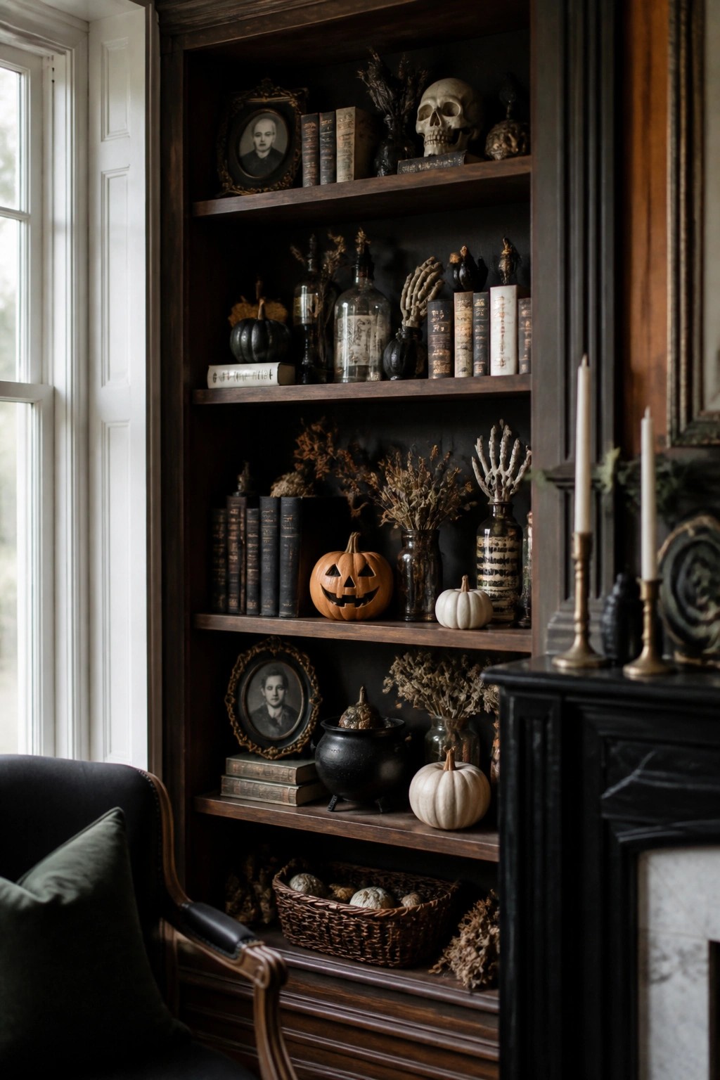 Dark wooden built-in shelves styled with skulls, old books, a jack o lantern, skeleton hands, and dried florals beside a black fireplace.