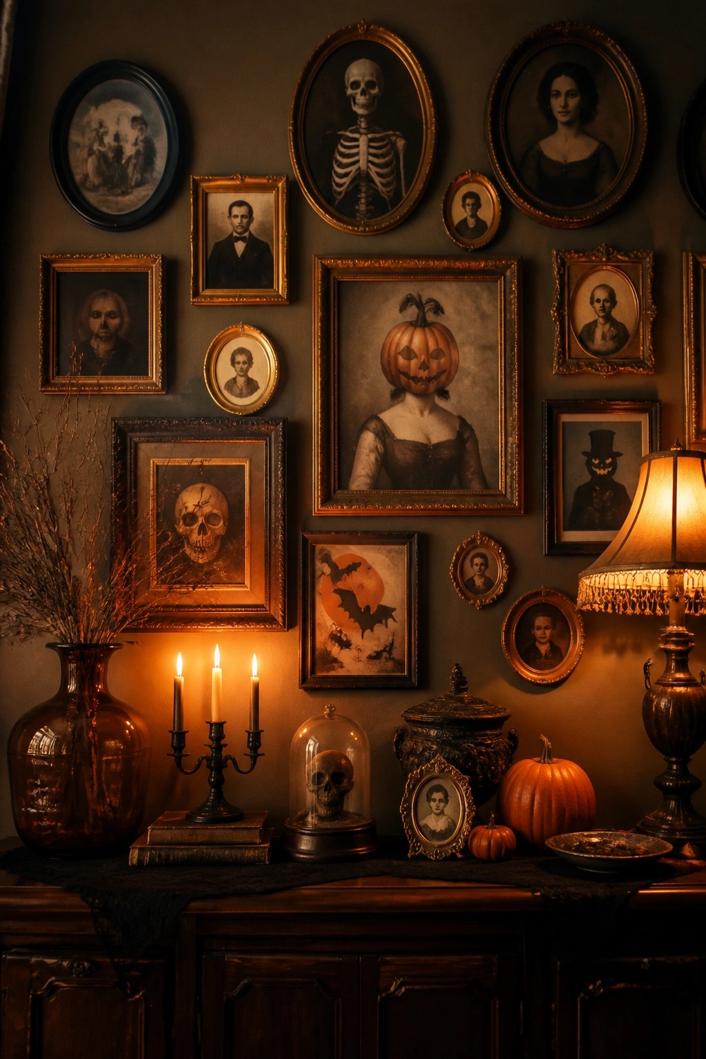 A dark green wall covered in vintage gold and black frames holding altered portraits including a full skeleton, a pumpkin-headed woman, and several skulls, with a wooden console below holding candles, a cloche skull, and small pumpkins.
