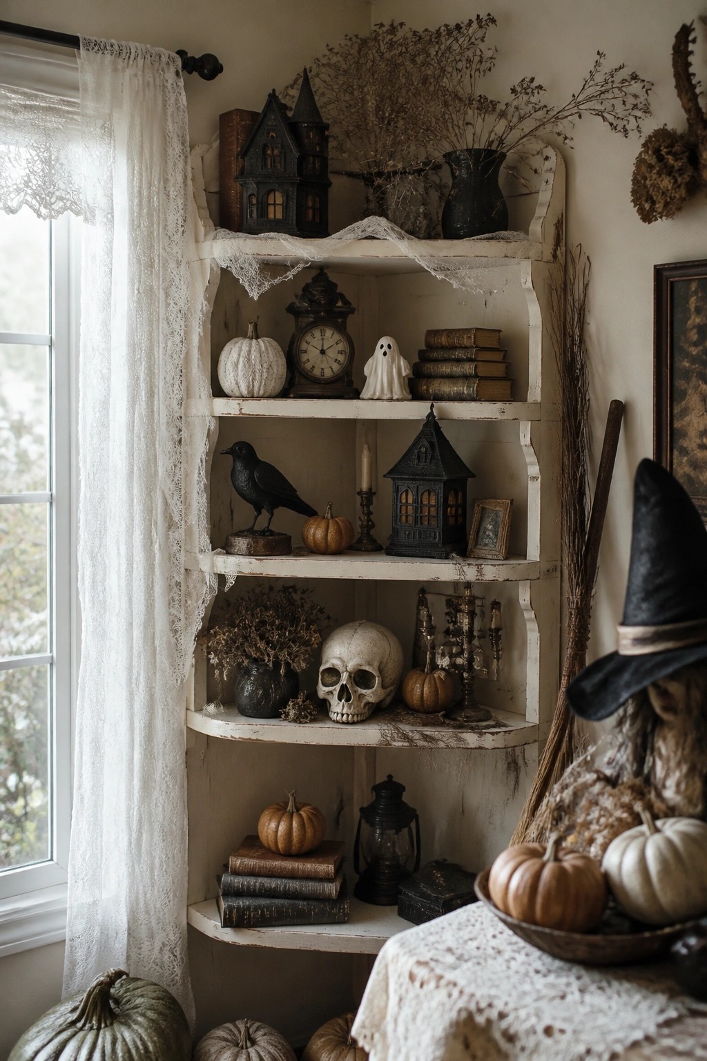 Distressed white shelves display Halloween pumpkins, skull, crow, ghost, and witch hat.