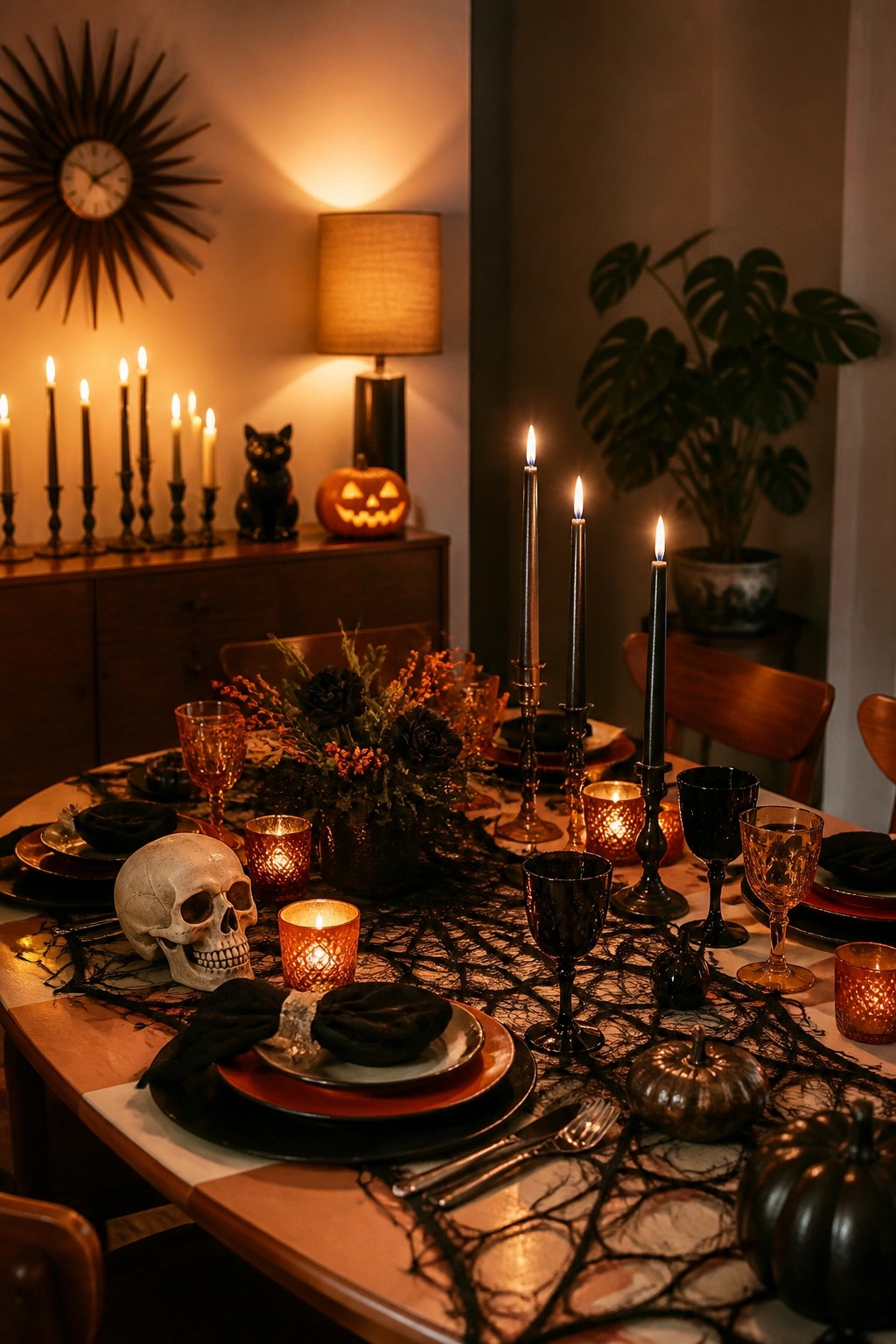 Halloween table with spiderweb runner, skull, black candles, orange glasses, and pumpkins