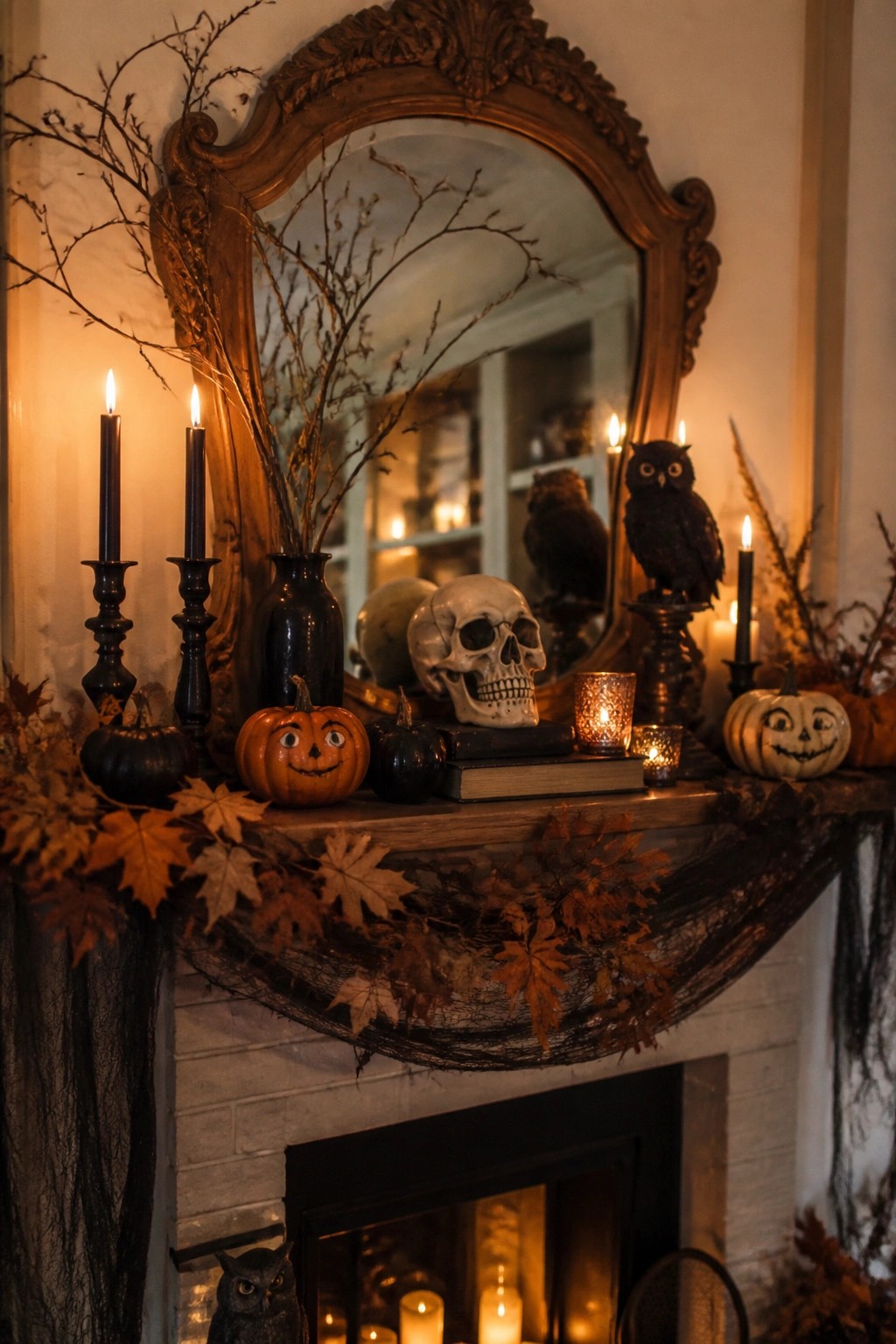 A white brick fireplace mantel styled with a human skull, carved jack o' lanterns, black taper candles, and bare branches in a dark vase in front of an ornate mirror.