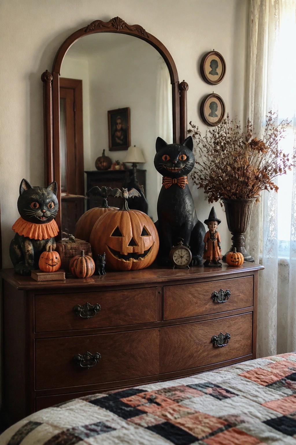 A wooden dresser topped with two black cat figurines, carved jack o lanterns, small pumpkins, a witch doll, and dried branches in a vase.