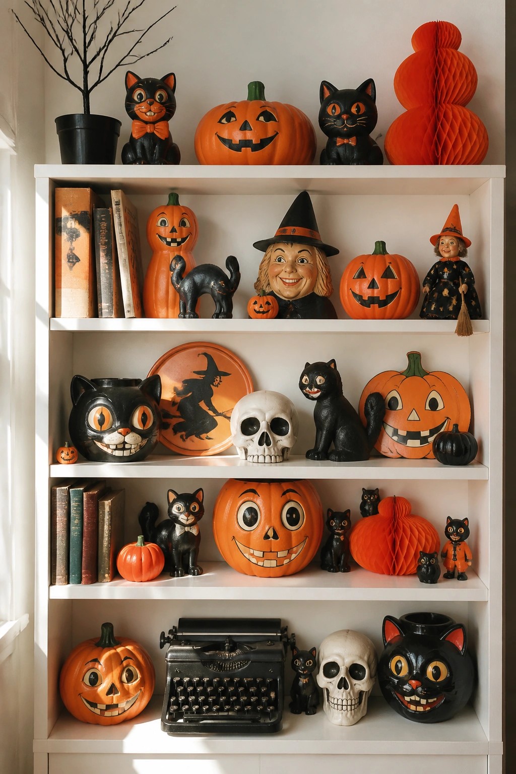 White built-in shelves filled with vintage black cat figures, jack-o'-lanterns, skulls, and witch decorations in orange and black.