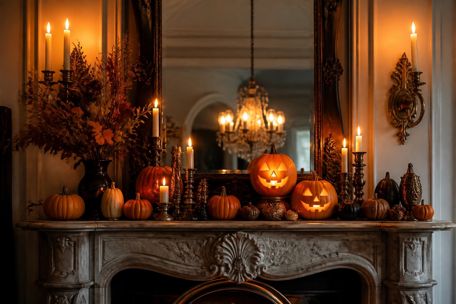 A white brick fireplace mantel styled with a human skull, carved jack o' lanterns, black taper candles, and bare branches in a dark vase in front of an ornate mirror.