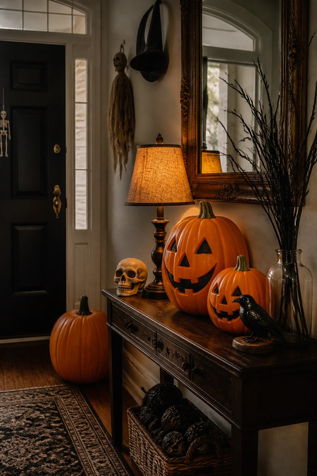 Entryway console table holding several carved jack o lanterns, a skull, and a small black crow figurine with a hanging skeleton decoration visible near the door.