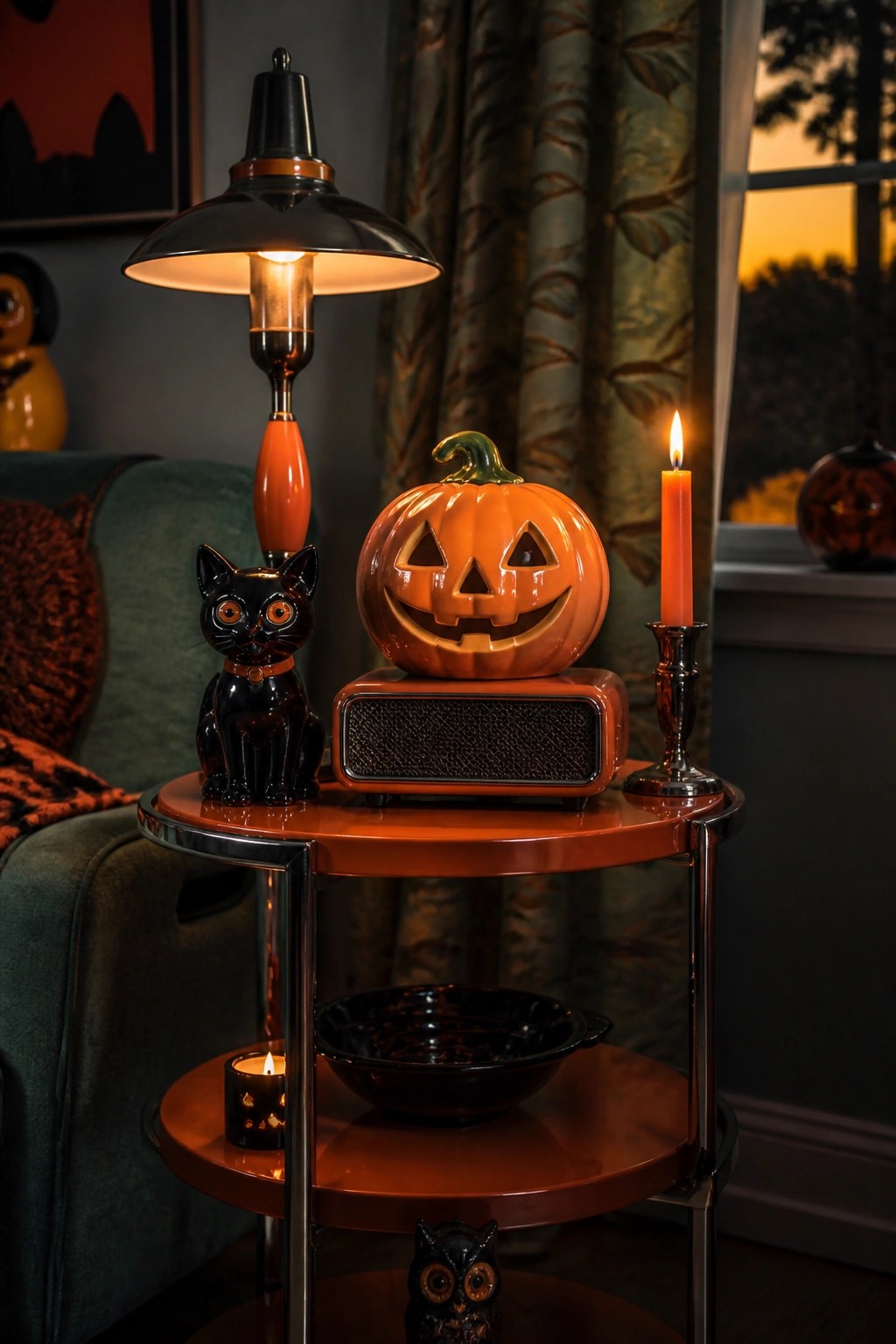 Round side table with a black cat figurine, ceramic jack-o'-lantern, lit candle, and small black bowl.