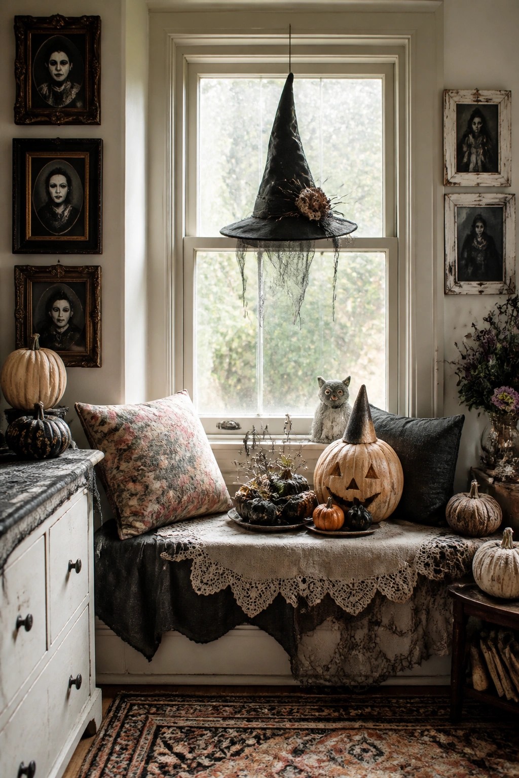 A window seat with a large black witch hat suspended above the glass, jack-o'-lanterns arranged on the ledge, and vintage portraits on the surrounding walls.