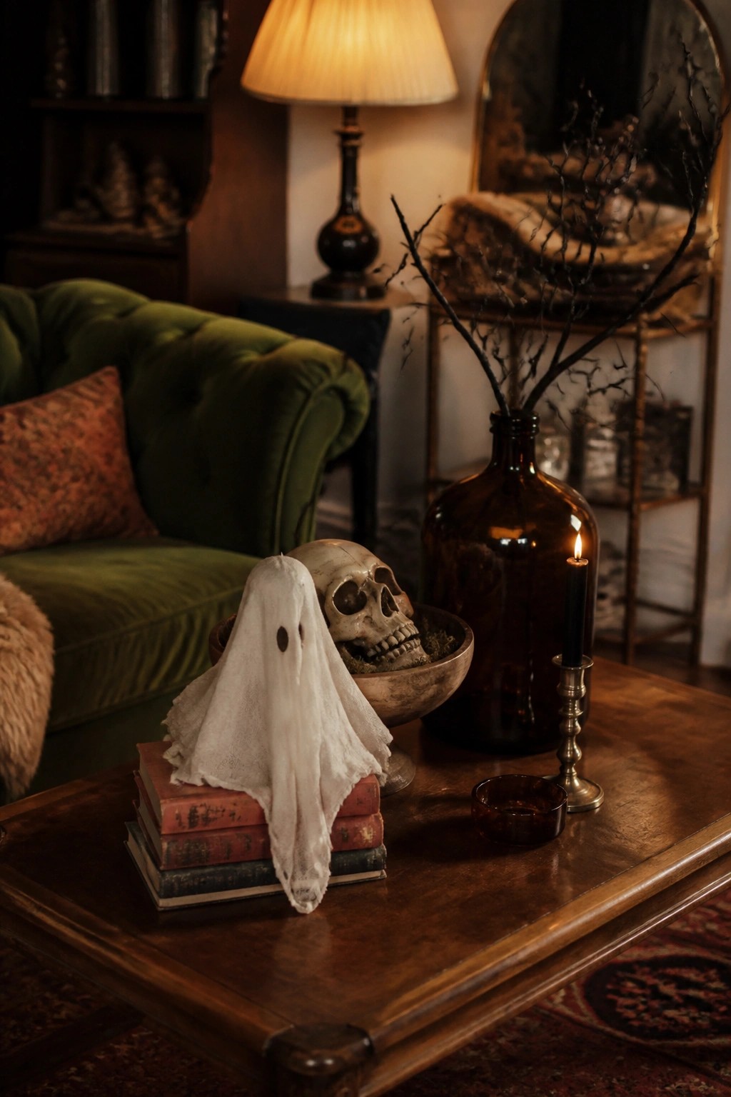 Sheet ghost on books beside skull, lit candle, and branch-filled bottle on table