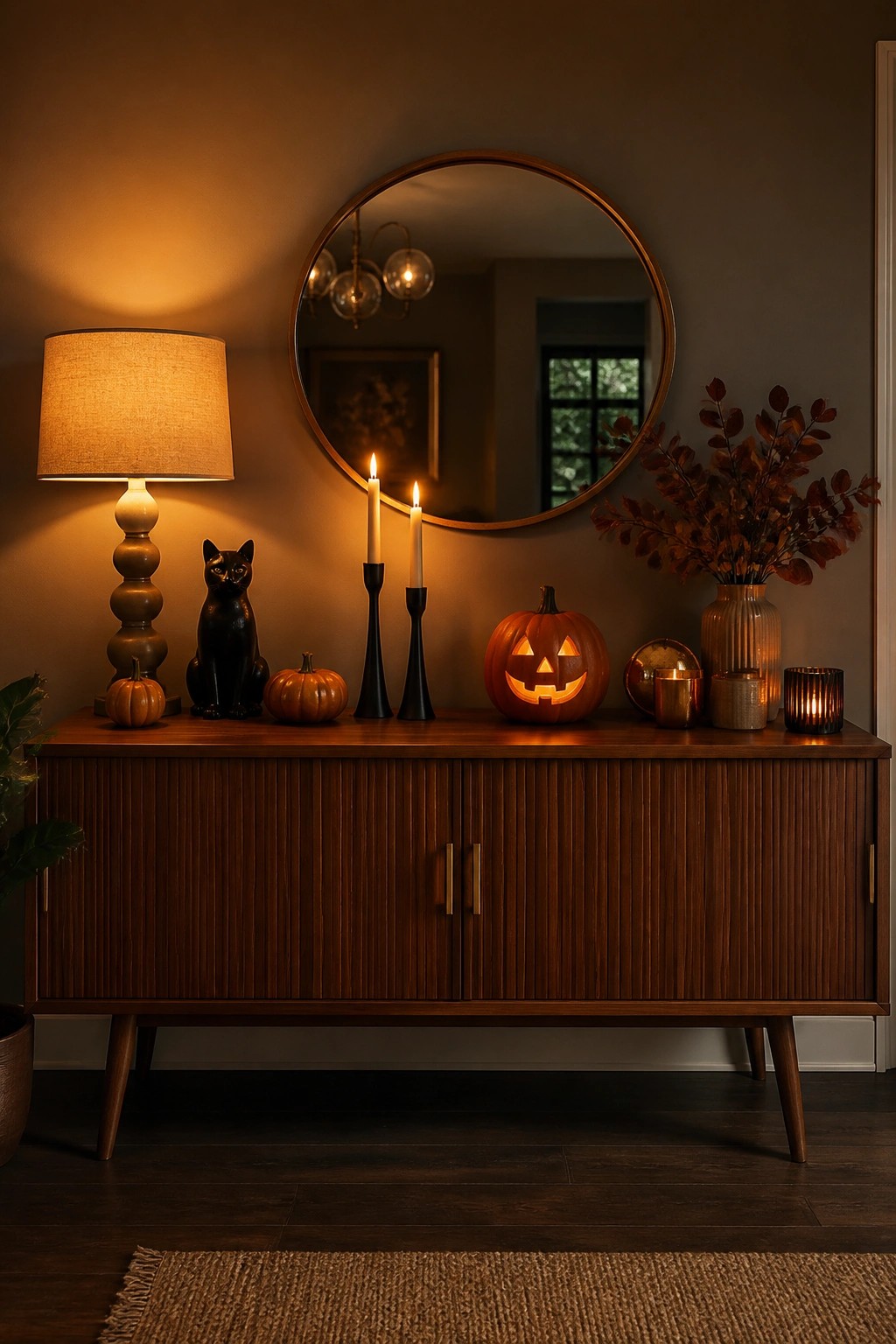 Wooden console table styled with a glowing carved jack o lantern, black cat figurine, two lit taper candles, and small pumpkins in a retro entryway setting.