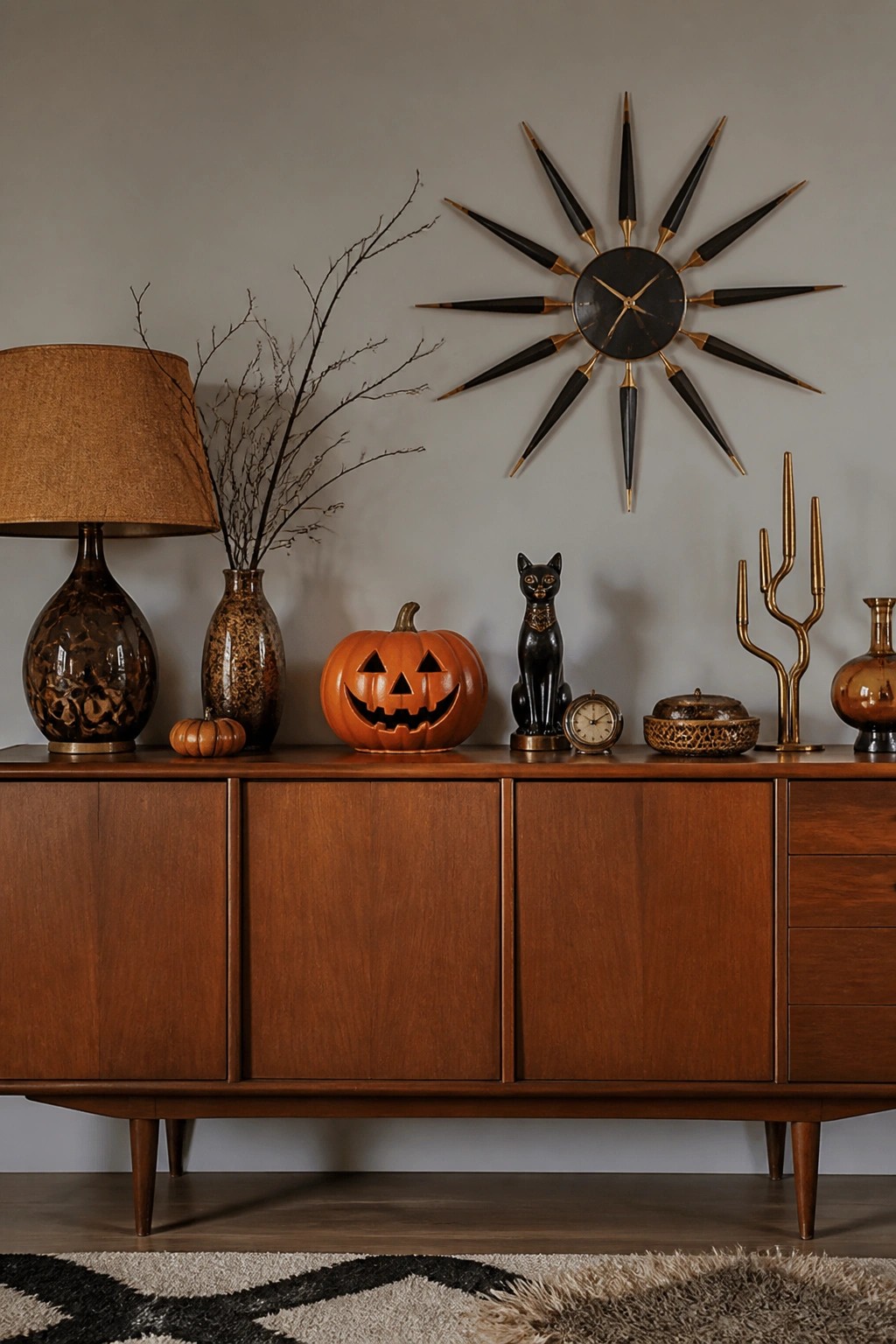 Mid-century wooden console table with a carved jack-o'-lantern, black cat figurine, ceramic vases, and a starburst clock on the wall above.
