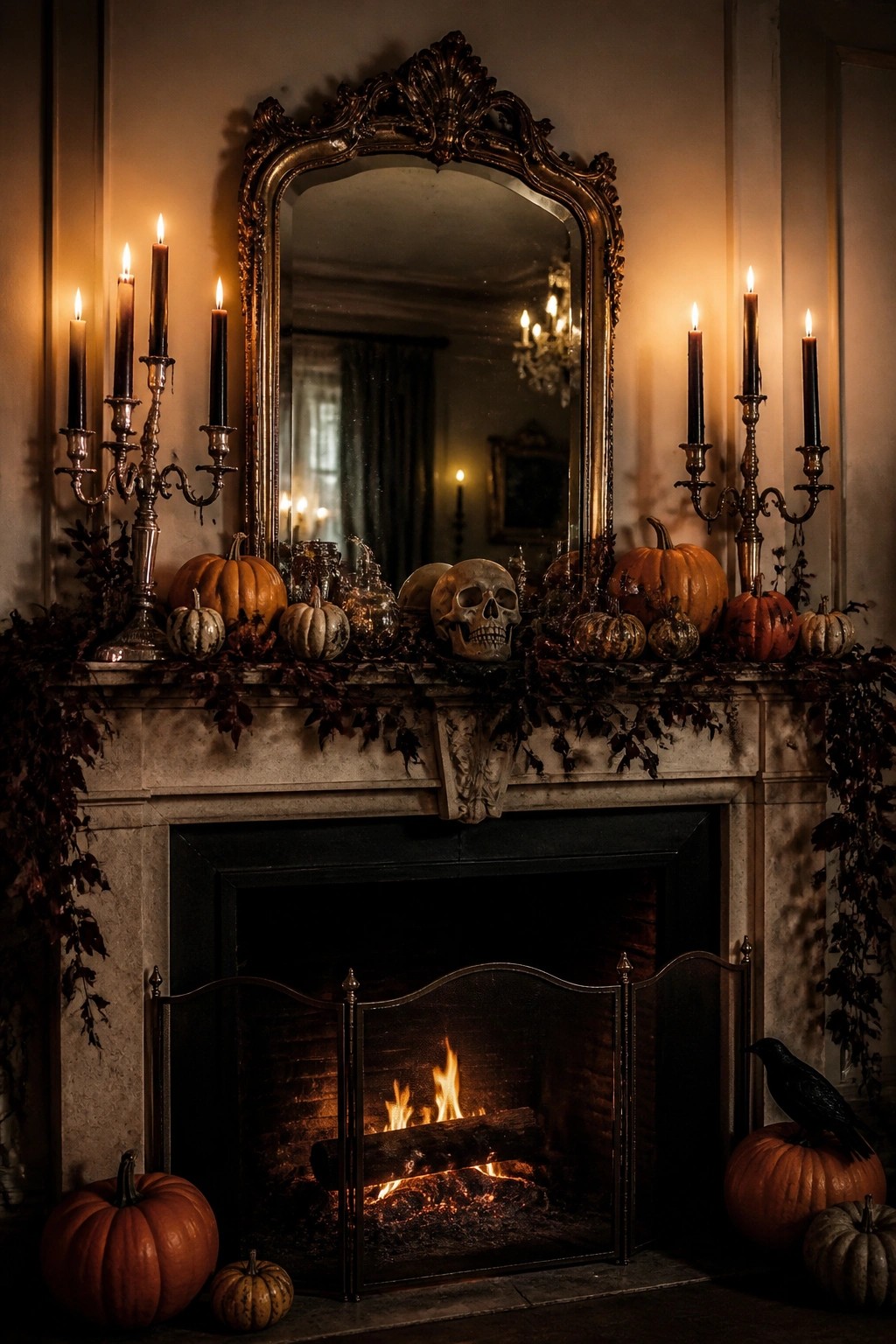 Fireplace mantel styled for Halloween with silver candelabras holding black candles, scattered pumpkins, dark foliage, and a skull centered in front of an ornate gold mirror.