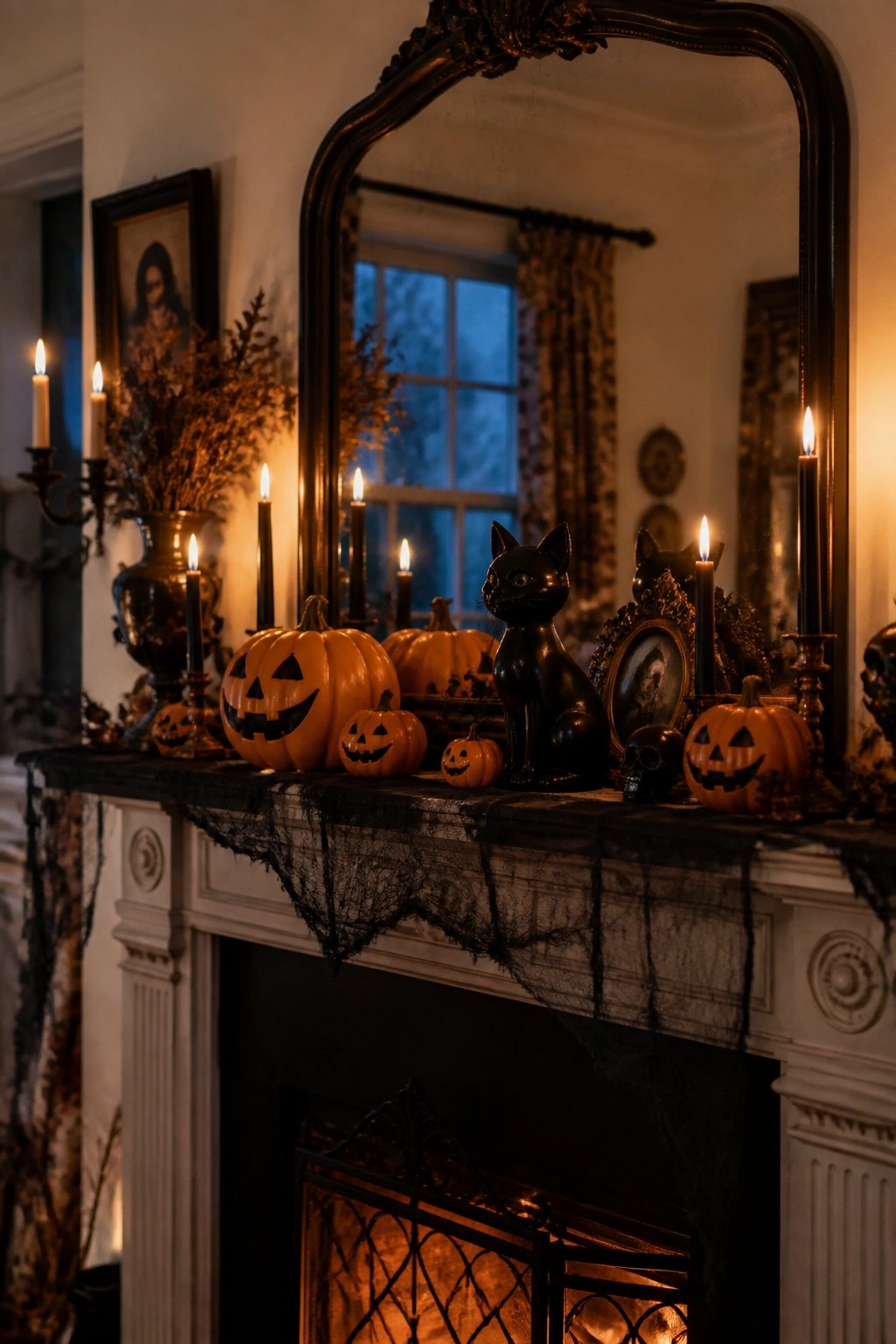 White fireplace mantel decorated for Halloween with carved pumpkins, black cat figurines, skulls, lit candles, and black lace under a large mirror.