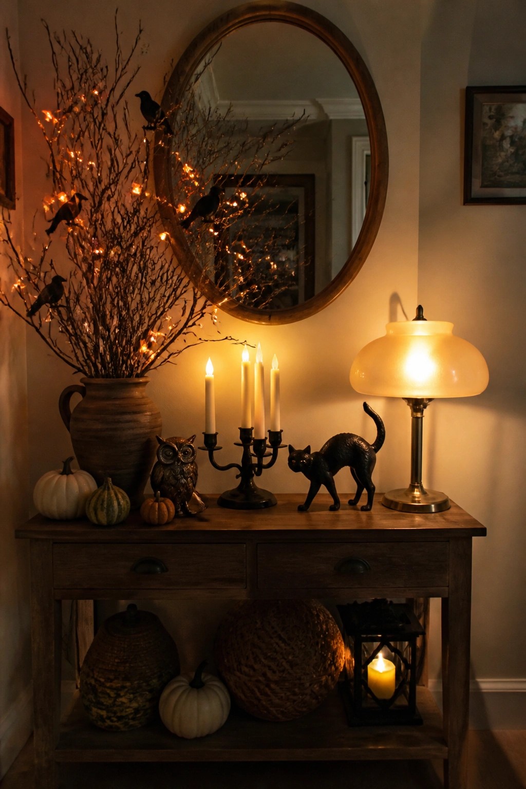 Wooden entryway console holding a vase of lit branches with black crows, a black candelabra, a black cat figurine, small pumpkins, and a lantern on the lower shelf.