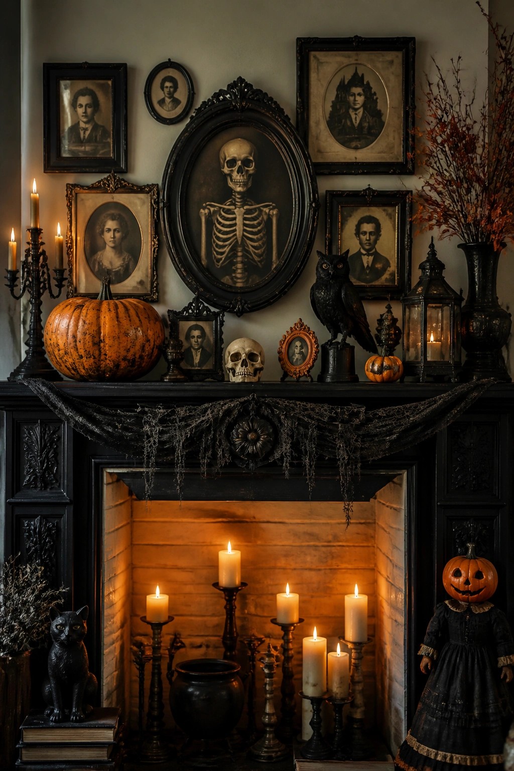 Black fireplace mantel decorated with a large central skeleton portrait, vintage framed photos, skulls, an owl statue, and small pumpkins for a retro Halloween display.