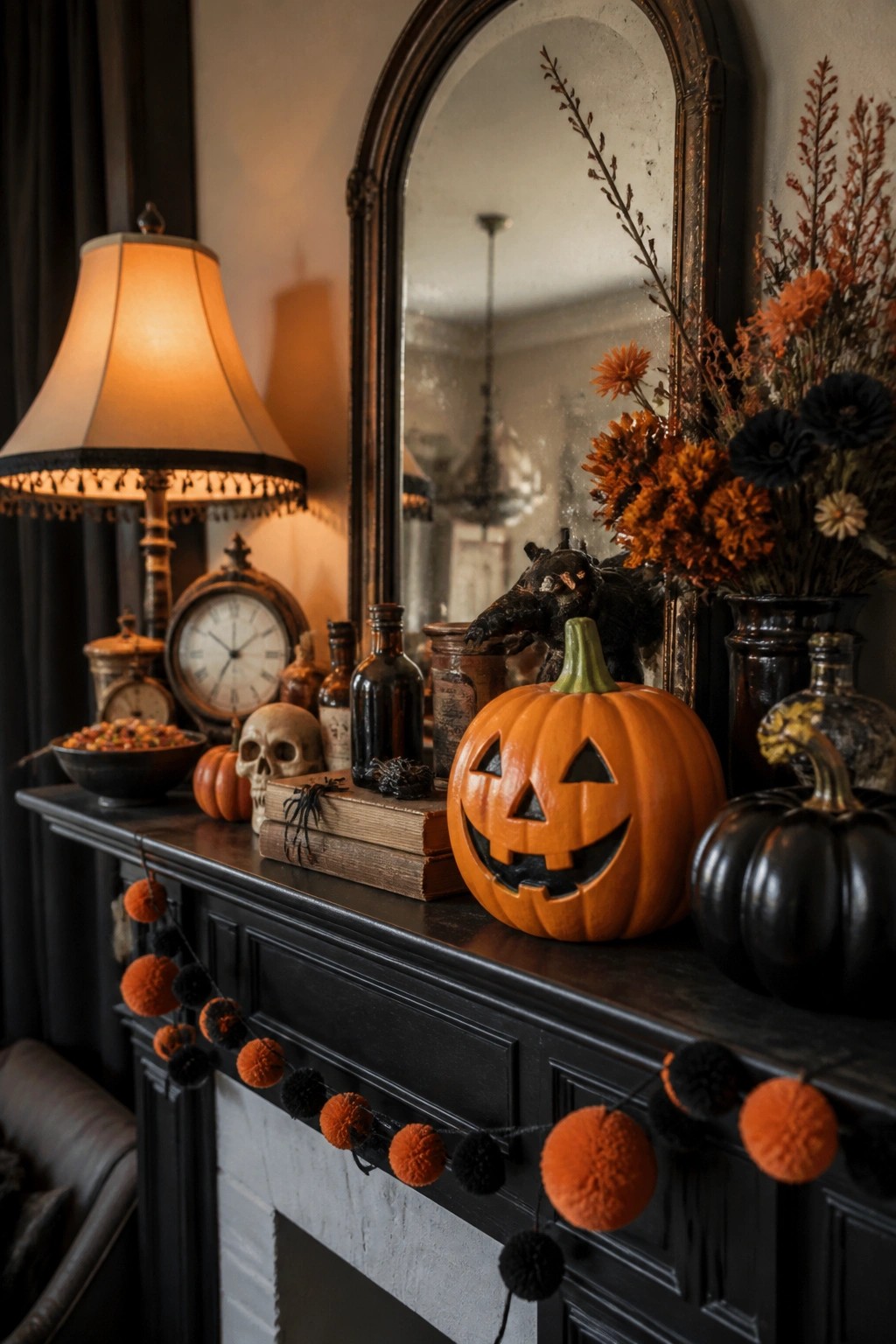 A black fireplace mantel decorated with a carved orange jack o lantern, stacked old books, a skull, glass bottles, and an orange and black pom-pom garland.
