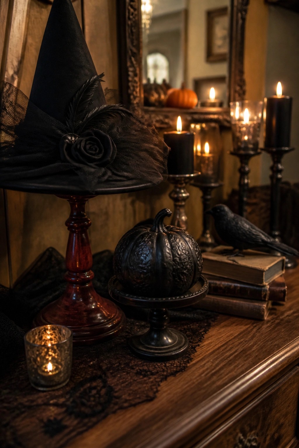 A black witch hat with feathers and a fabric rose displayed on a wooden stand beside a black crow on stacked books and an ornate black pumpkin on a pedestal.