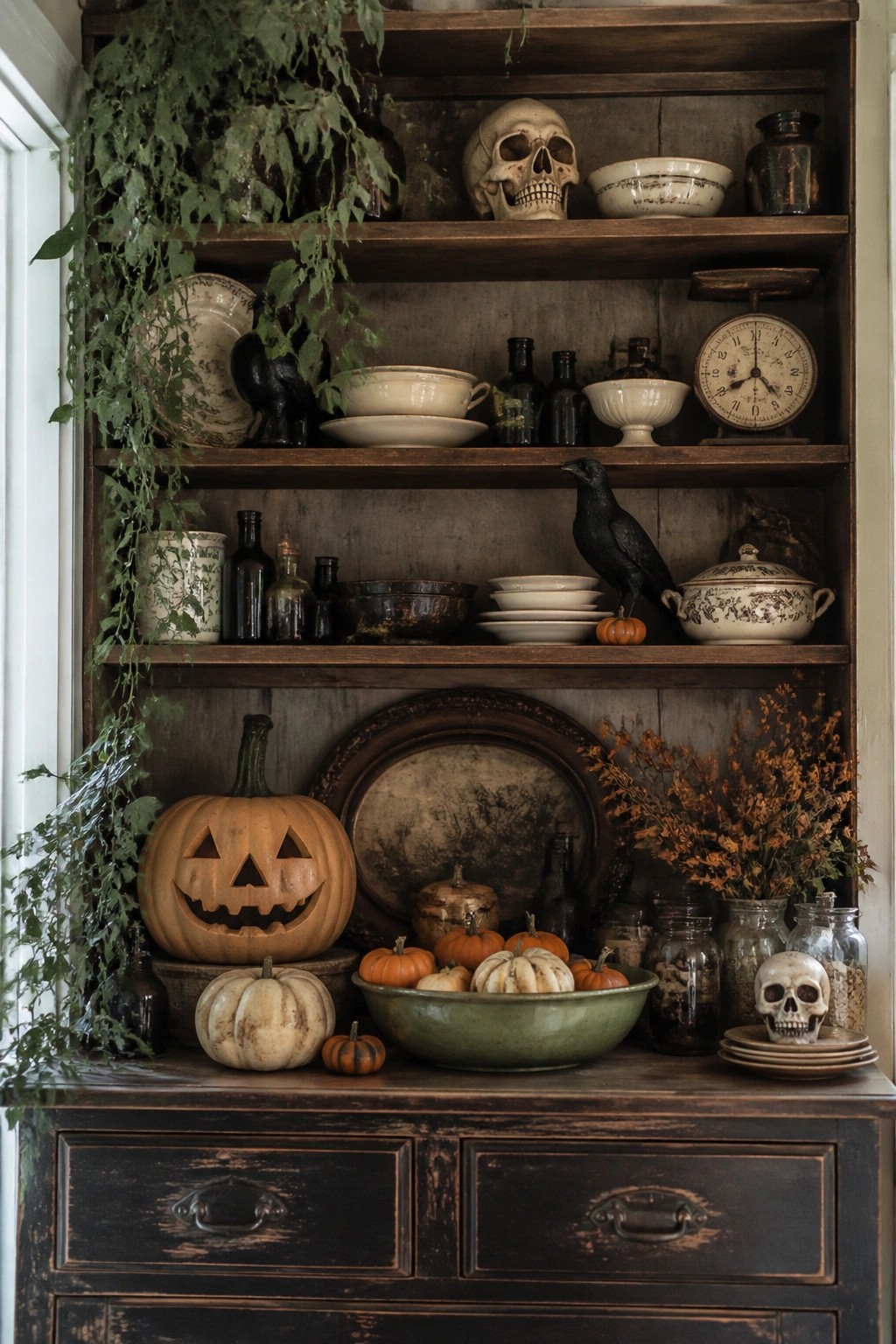 A dark wood hutch filled with vintage dishes, bottles, black crows, skulls, and a carved jack-o'-lantern arranged across the shelves and countertop.