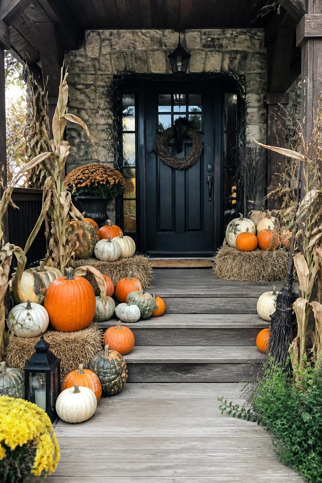Front porch with pumpkins stacked on hay bales, dried corn stalks, and a black witch broom leaning on the right side of the steps.
