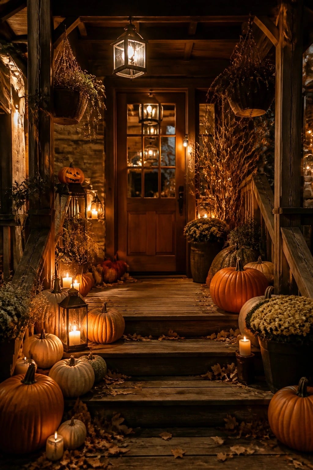 Wooden front porch steps lined with carved jack-o'-lanterns, glowing lanterns, and pumpkins leading to a dark wooden door.