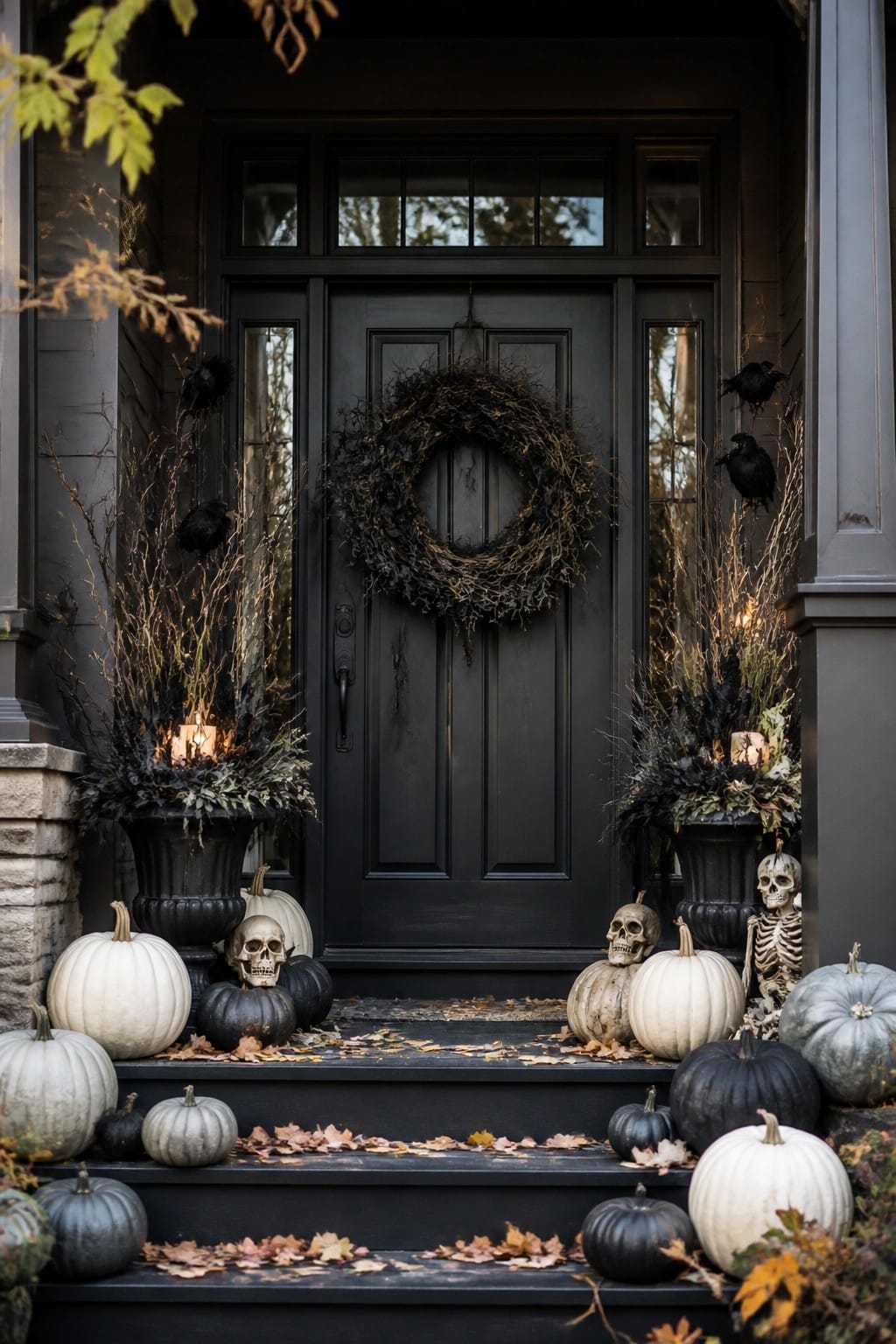 Dark front porch decorated with skeletons, skulls, black crows, and pumpkins arranged on the steps and around the door.