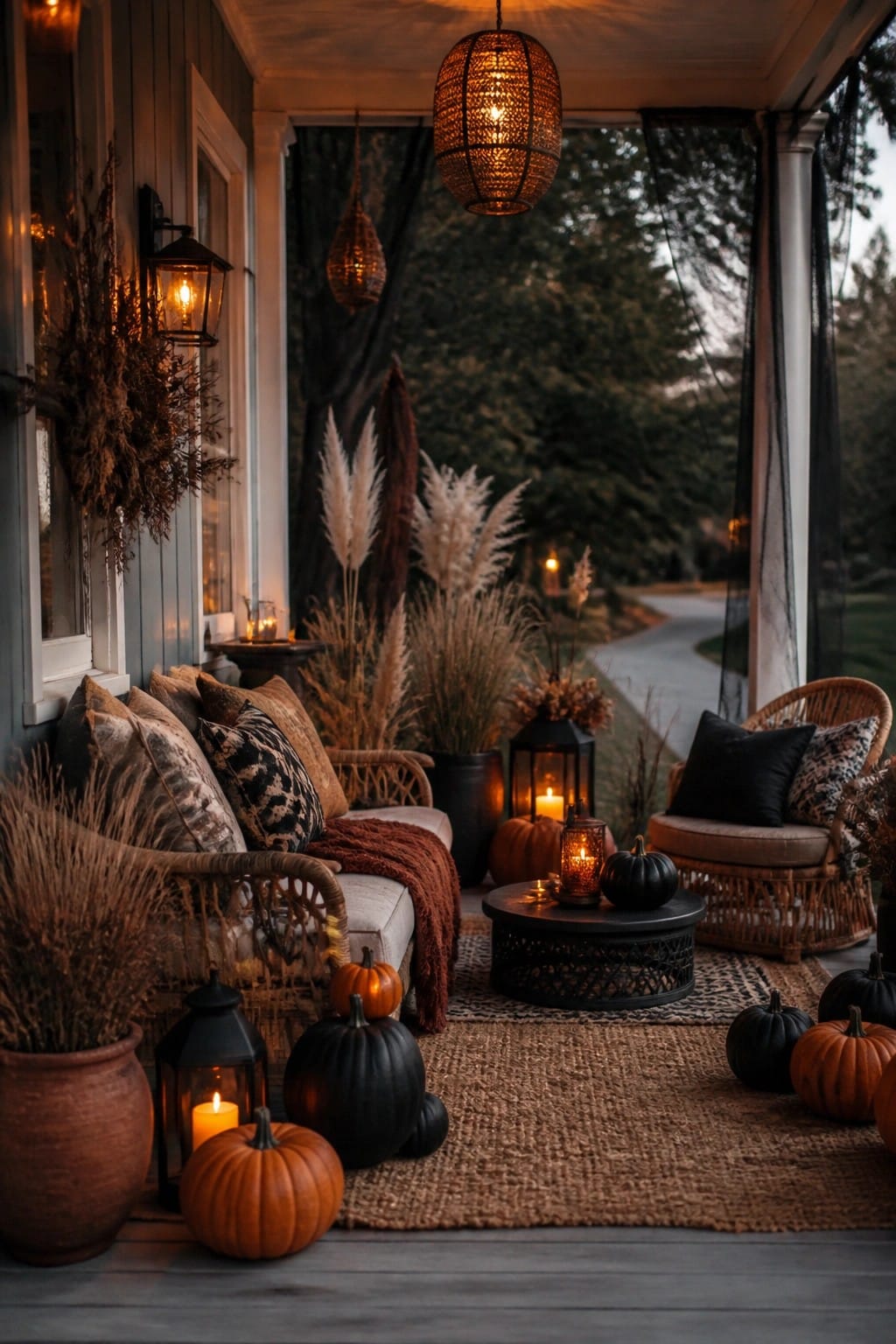 Front porch with black and orange pumpkins clustered around glowing lanterns on a woven rug near wicker chairs.