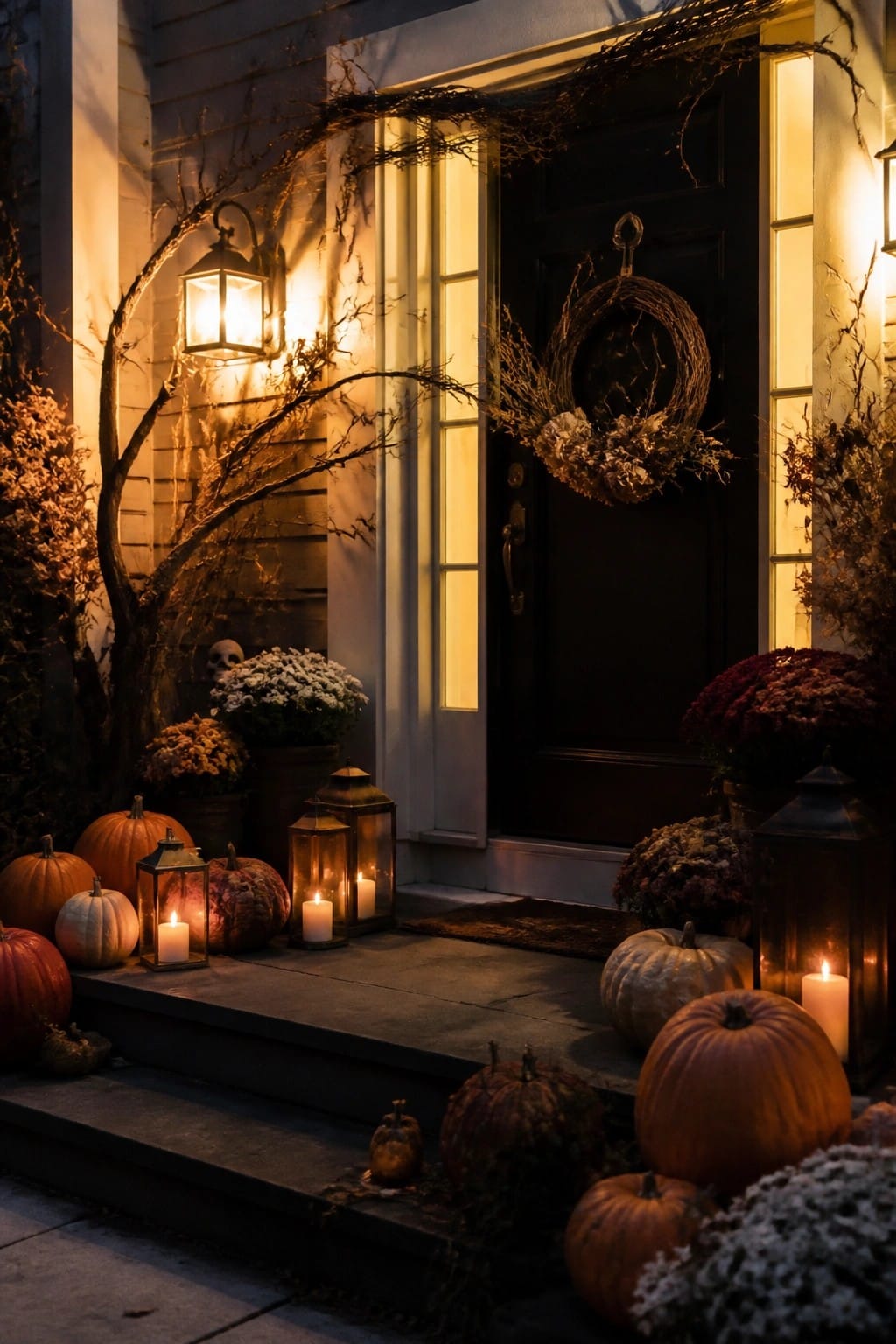 Decorated porch with pumpkins, glowing lanterns, and mums at a black door at night