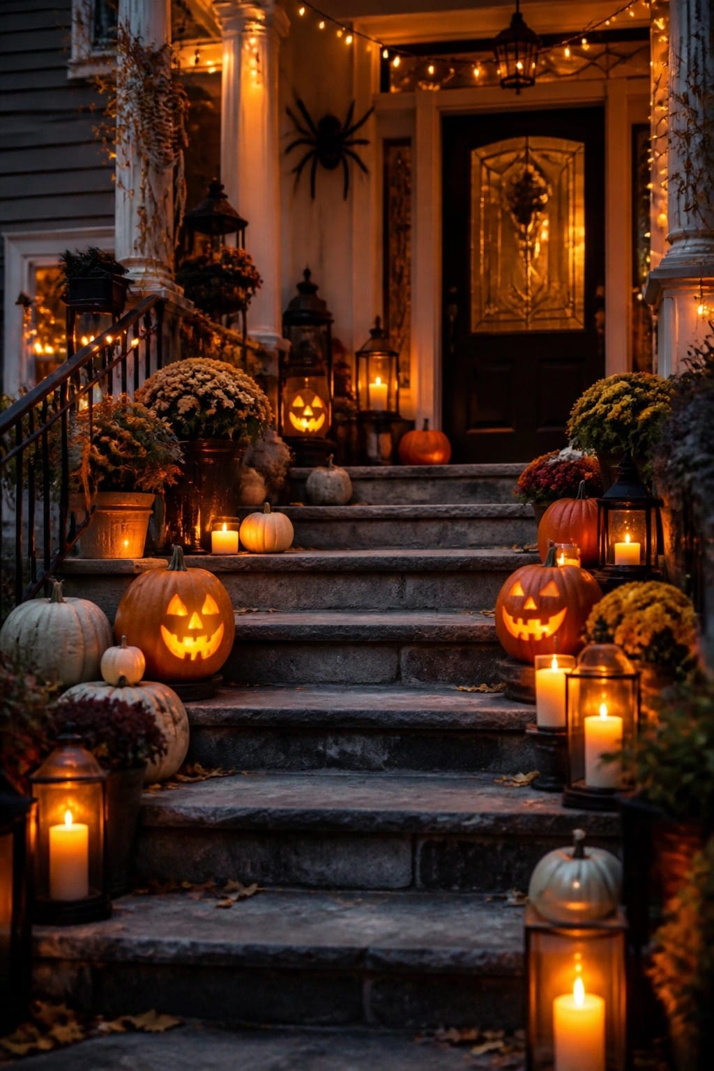 Front porch steps lined with carved jack o lanterns and lanterns at dusk, with a large spider decoration above the door.