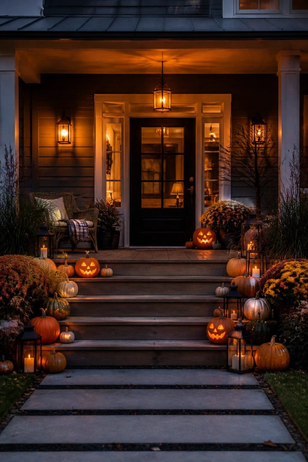 Front porch and stairs lined with carved glowing jack-o'-lanterns, lanterns, and pumpkins around a dark front door.