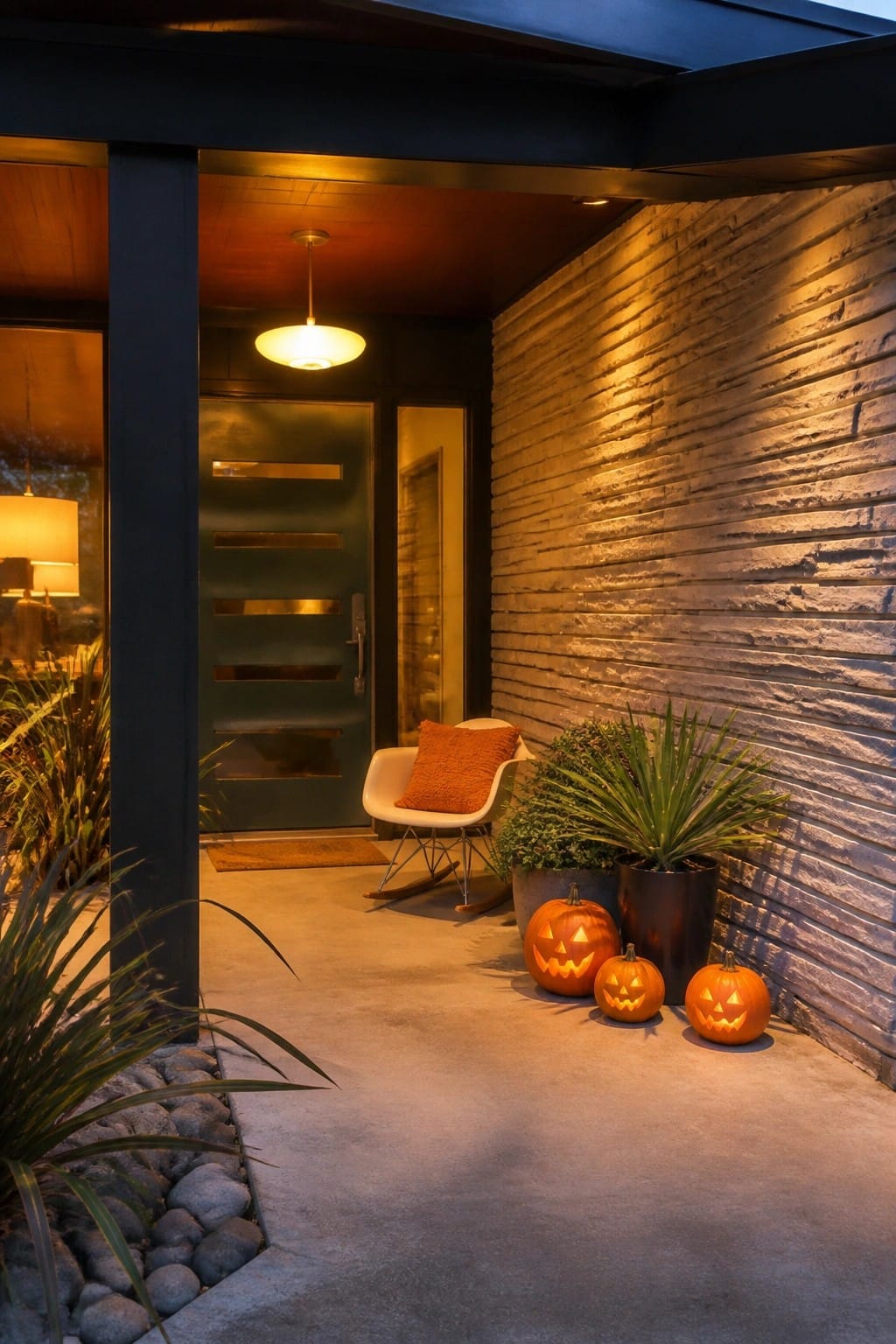 Modern entryway with three carved and lit jack o'lanterns placed along a stone wall next to potted plants.