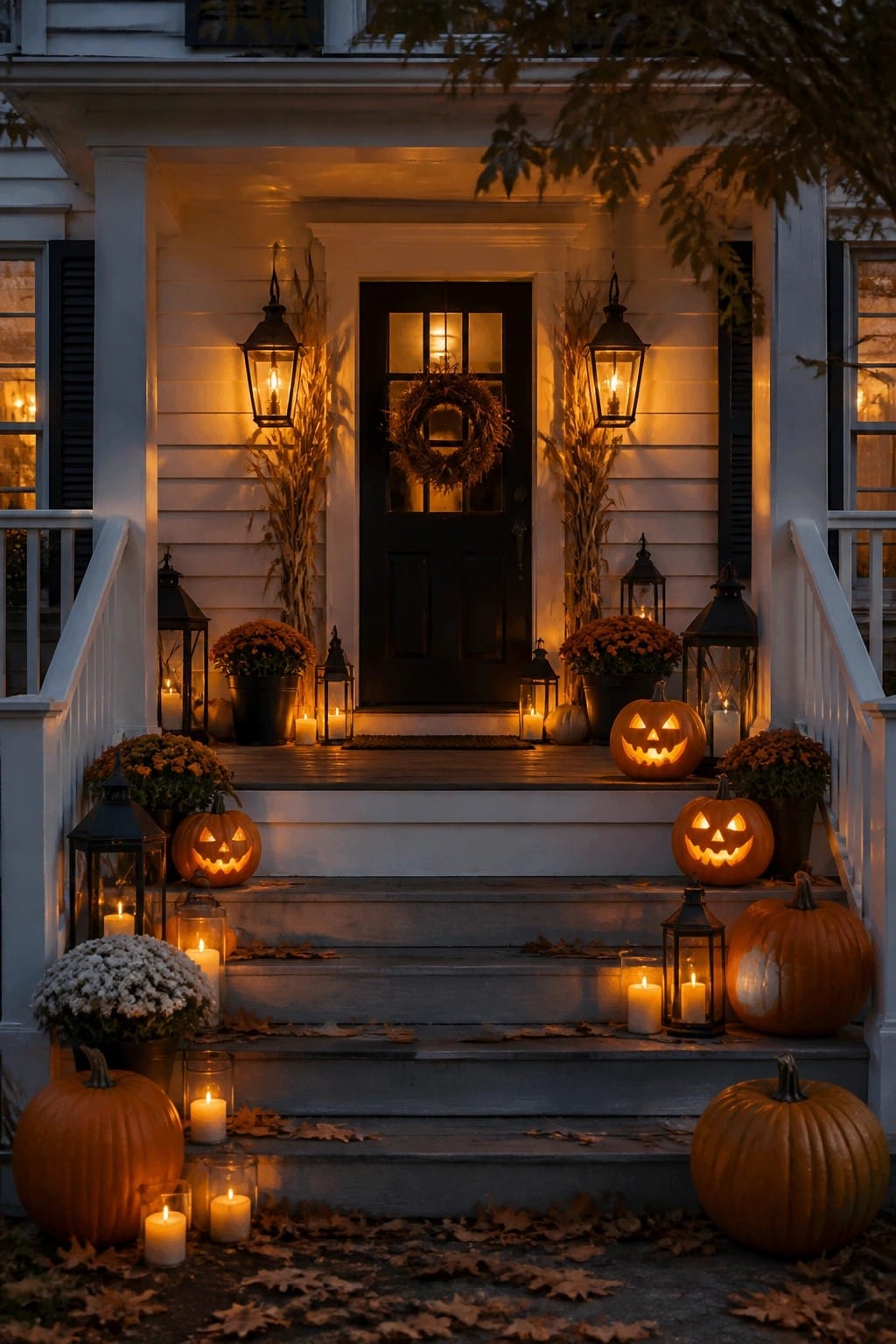 Front porch at night with multiple carved jack o'lanterns placed on the steps and porch area, surrounded by lanterns and potted plants.