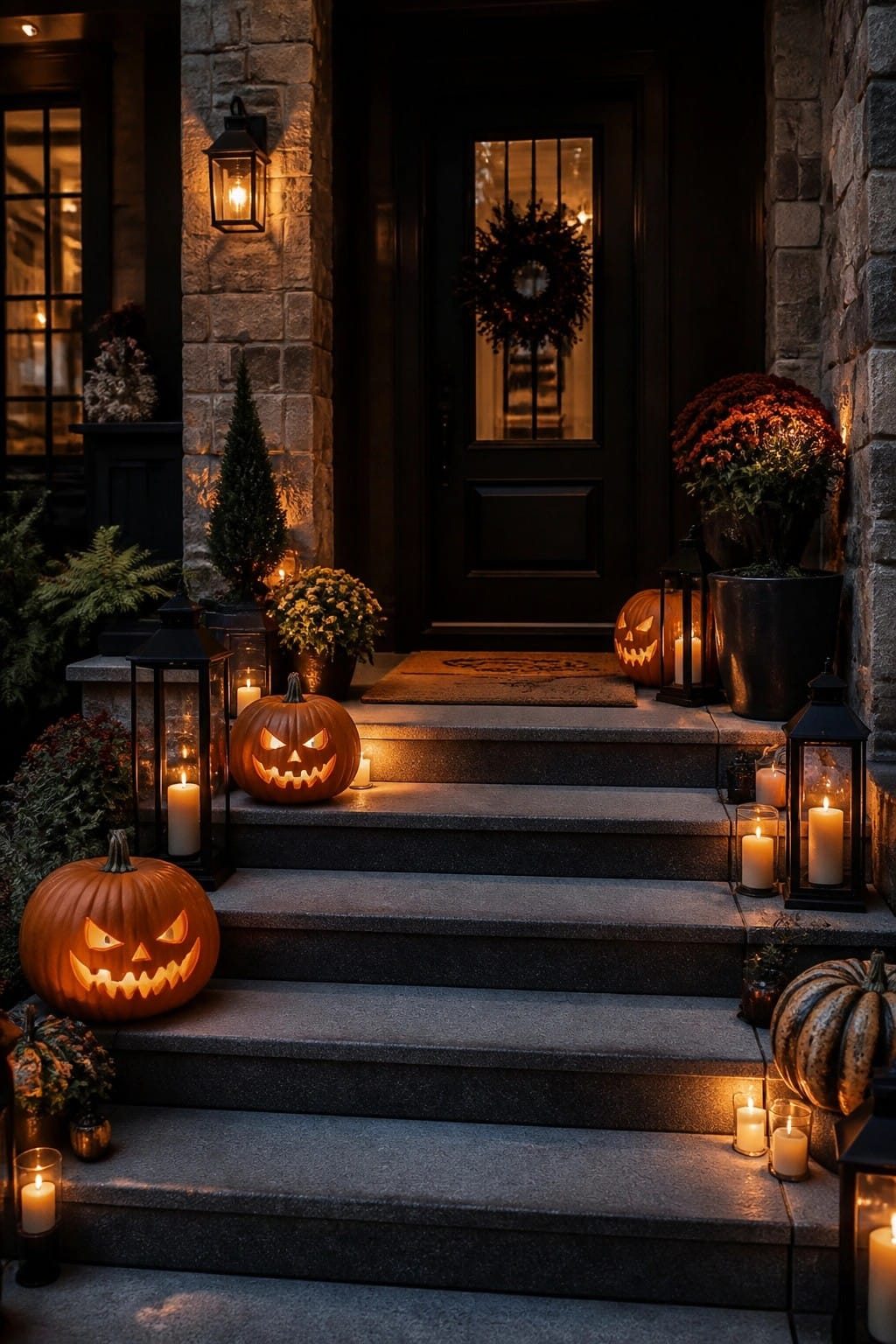 Stone steps leading to a dark front door lined with multiple glowing jack o lanterns and black candle lanterns.