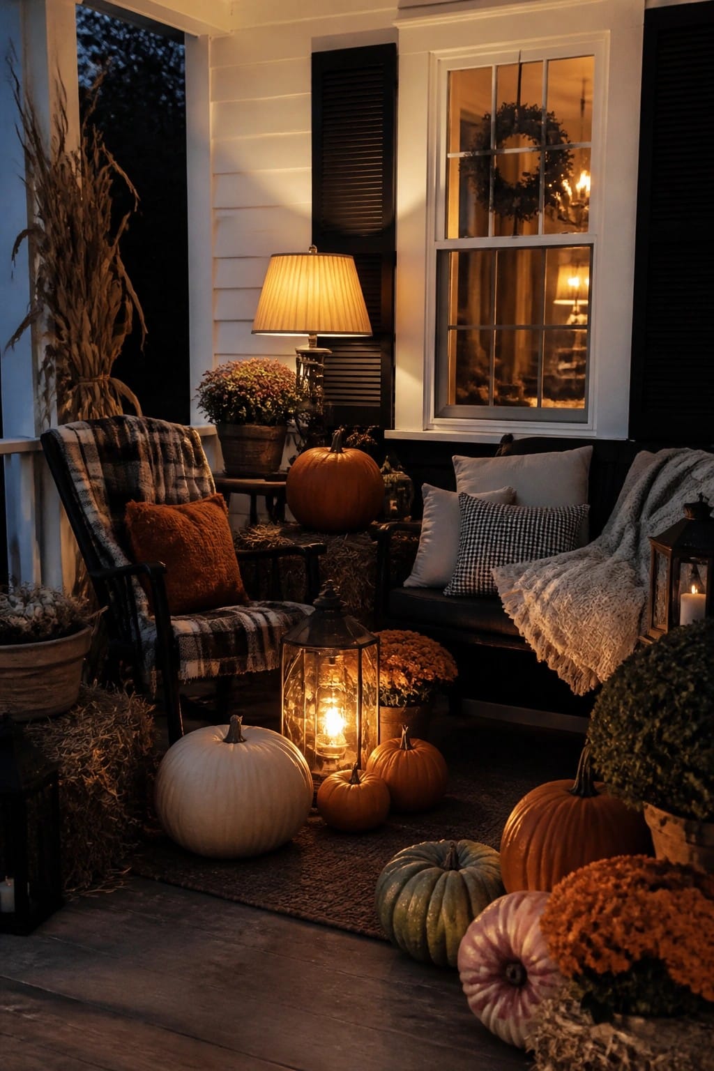 Front porch at night with orange and white pumpkins arranged around glowing lanterns on a woven rug.