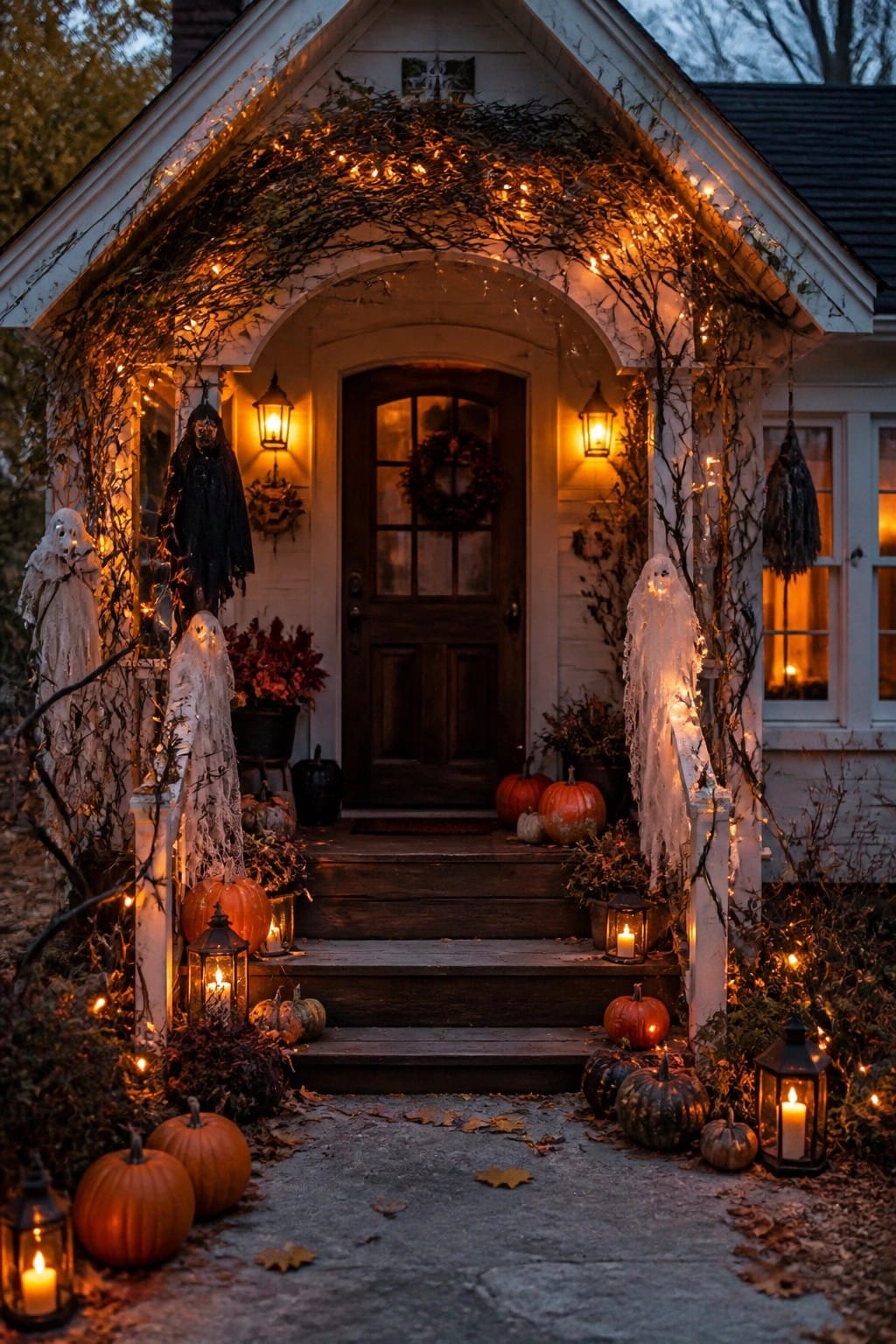 Twilight Halloween porch with glowing pumpkins, ghost figures, lanterns, and string lights