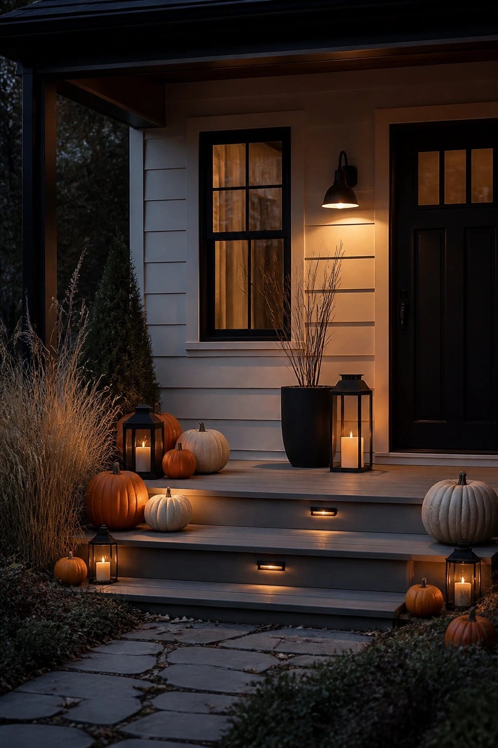 Front porch steps decorated with orange and white pumpkins and black lanterns holding lit candles at night.