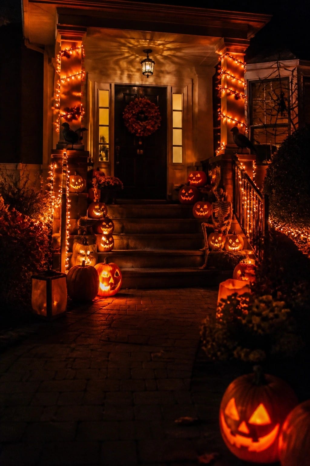 Nighttime Halloween porch with glowing jack-o'-lanterns, orange string lights, and skeleton.