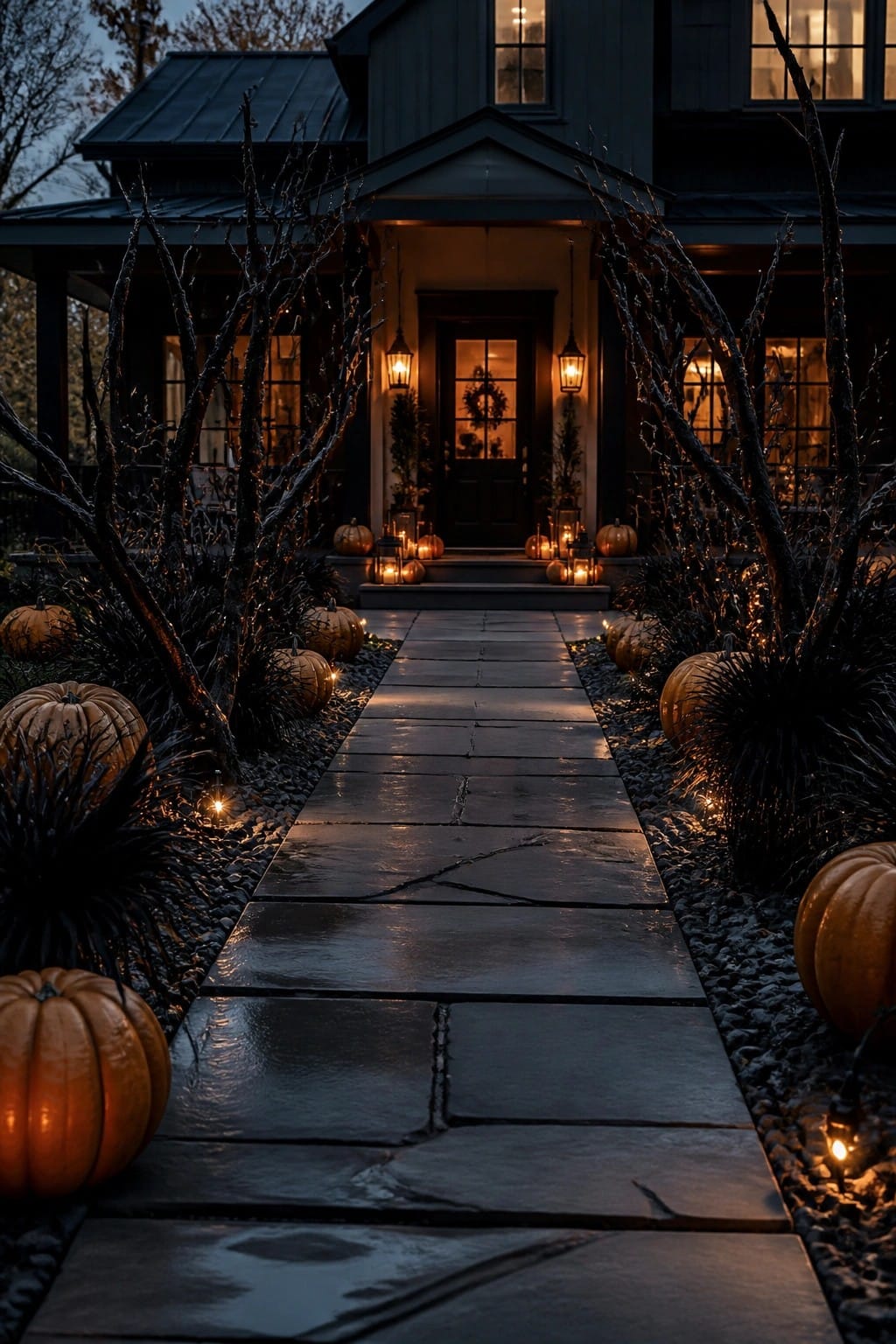 Stone walkway lined with glowing pumpkins and string lights leading to a dark front door decorated with lanterns and a wreath.