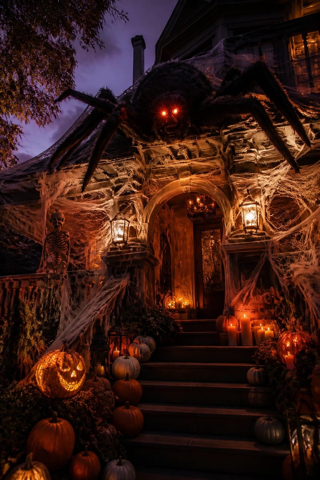 House entrance covered in spiderwebs with a large black spider featuring glowing red eyes positioned above an arched doorway, plus a skeleton and multiple lit jack-o'-lanterns on the stairs.