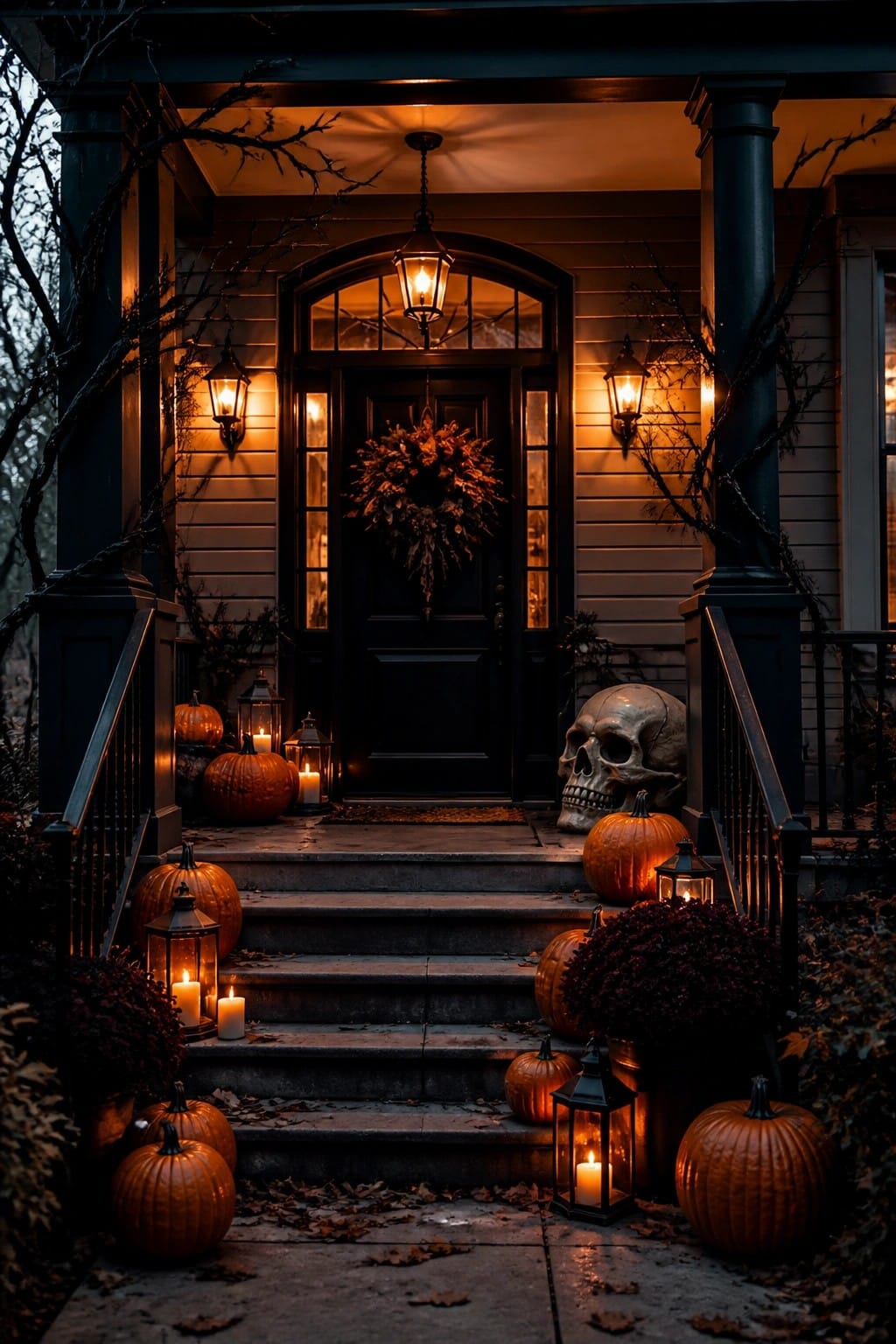 Front porch steps decorated with a large skull, pumpkins, and glowing lanterns leading to a black door.