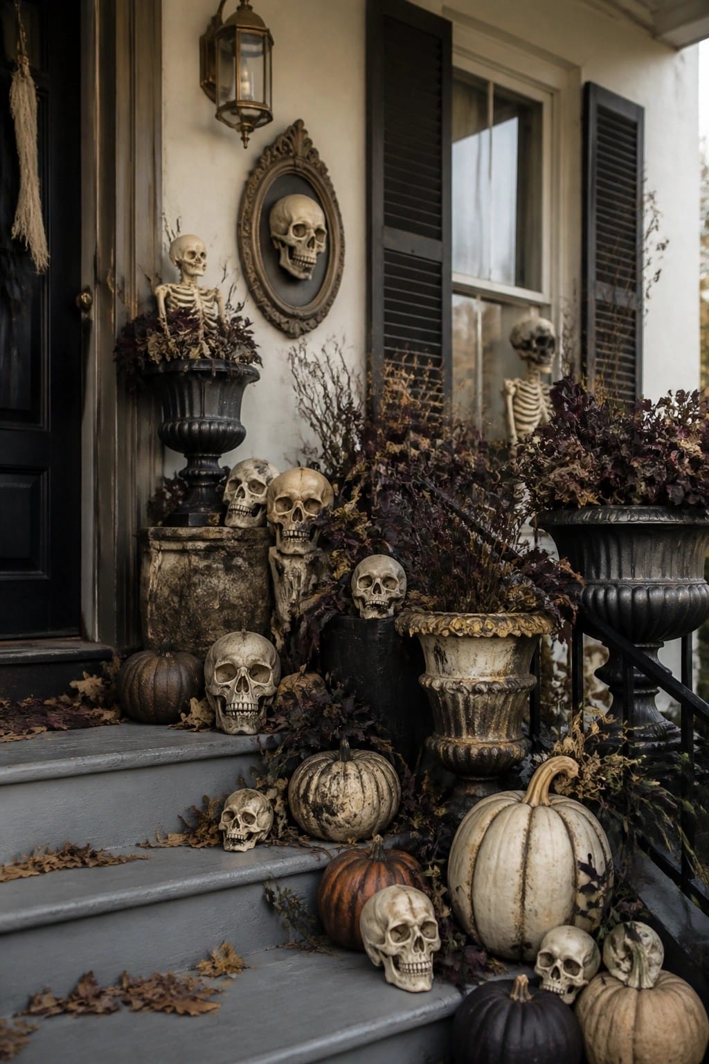 Front porch steps decorated with multiple human skeletons and skulls placed among pumpkins and dark foliage.