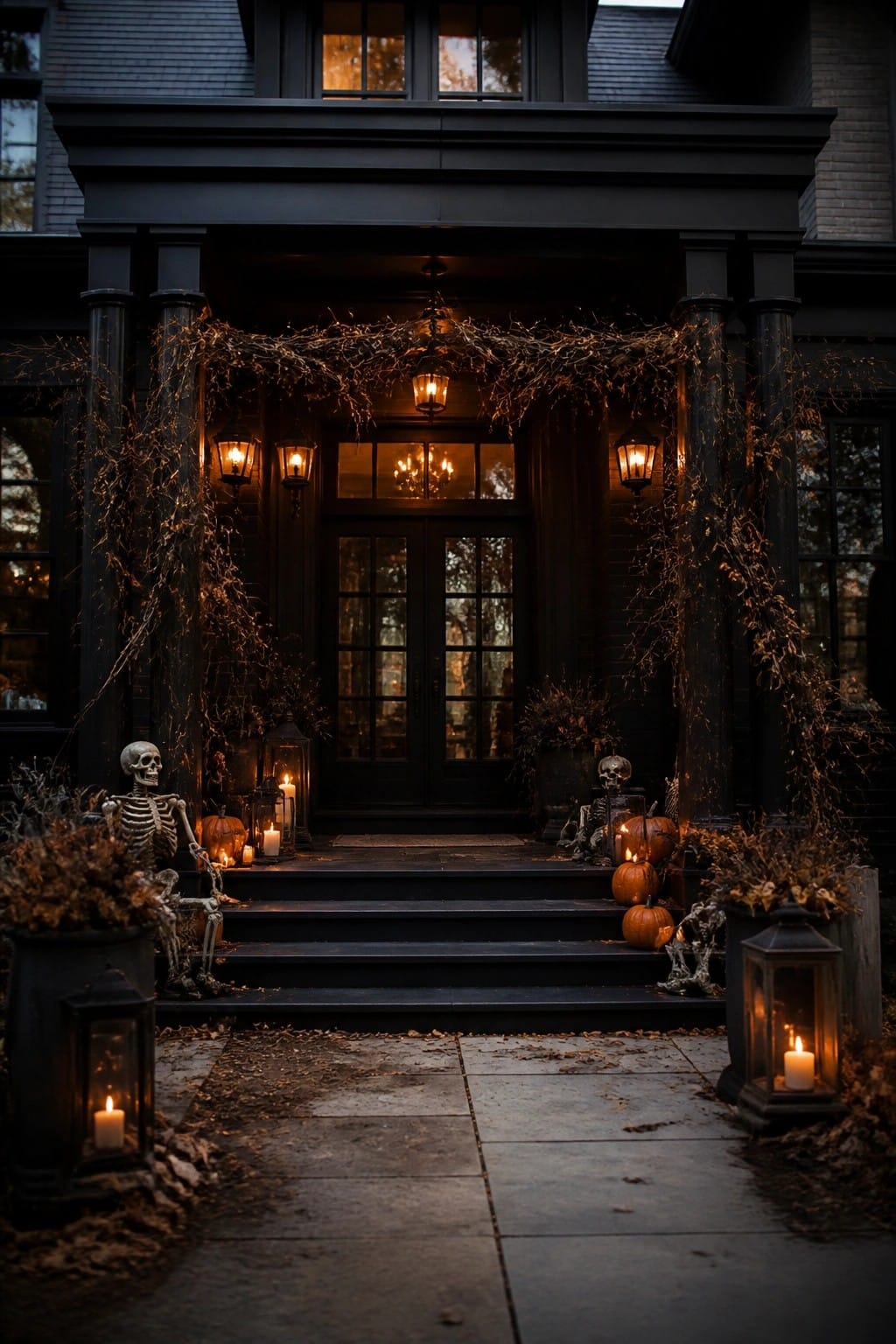 Dark front entrance with multiple posed skeletons placed on the steps and beside the columns, surrounded by pumpkins and lanterns.
