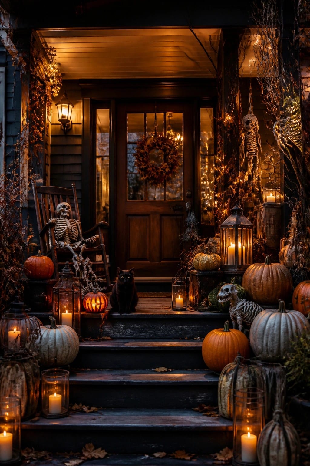 Front porch decorated with two skeletons, one seated in a rocking chair and another on the steps, along with pumpkins, lanterns, and a black cat.