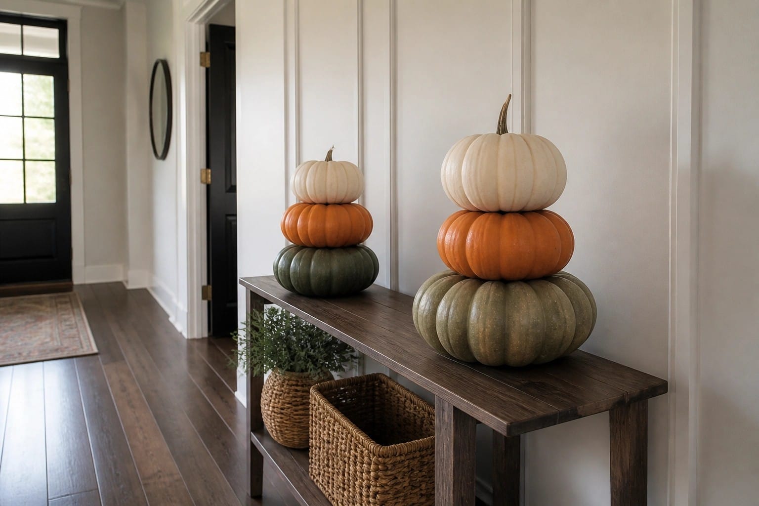 Console table in an entryway holding two stacks of pumpkins in orange, green, and cream colors, each set inside a woven basket base.