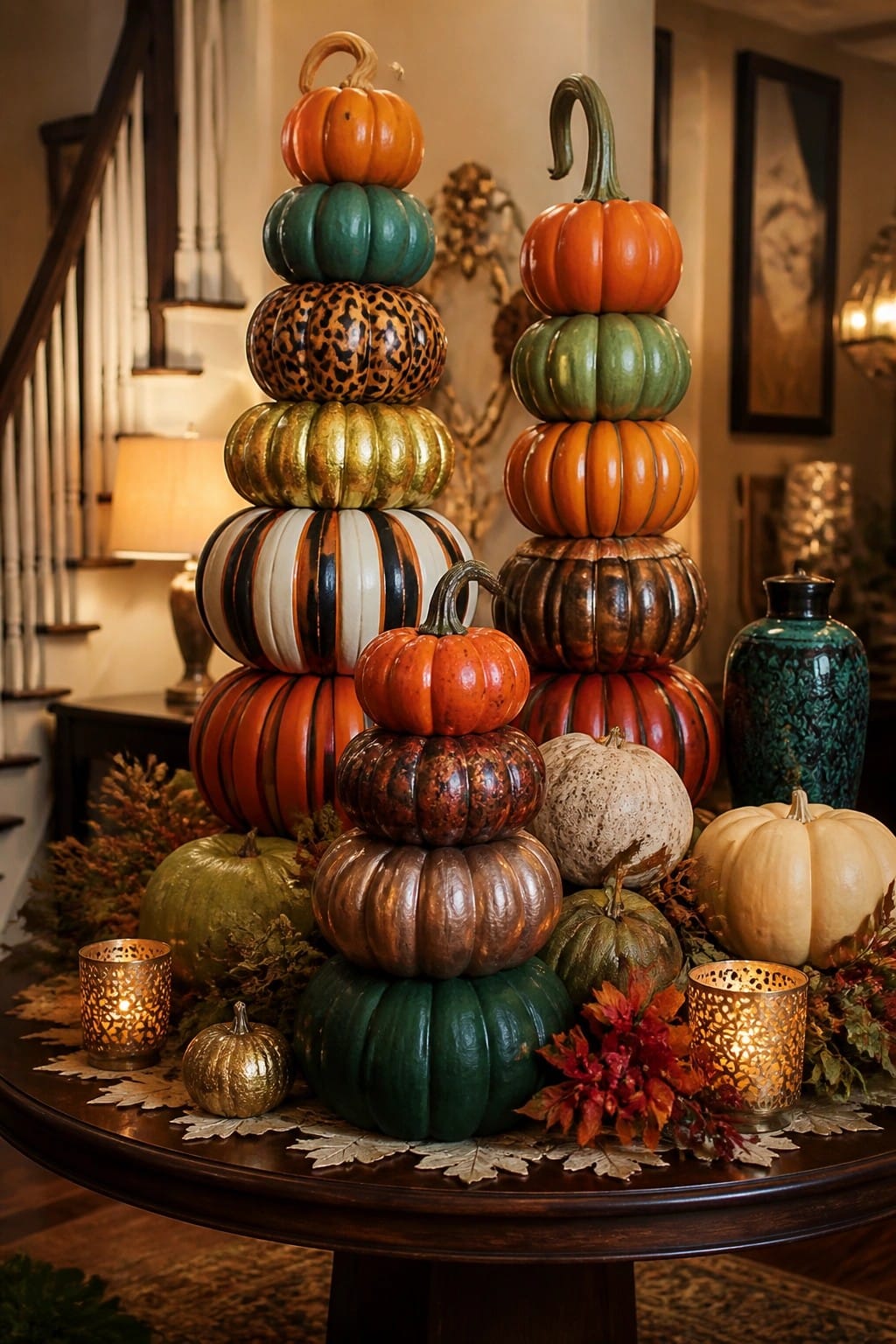 Two tall towers of stacked painted pumpkins in orange, green, gold, and striped finishes sit on a round wooden table with smaller pumpkins and lit candles at the base.