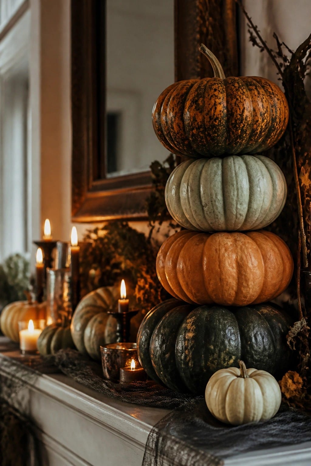 Stacked colorful pumpkins on mantel with flickering candles and autumn decor