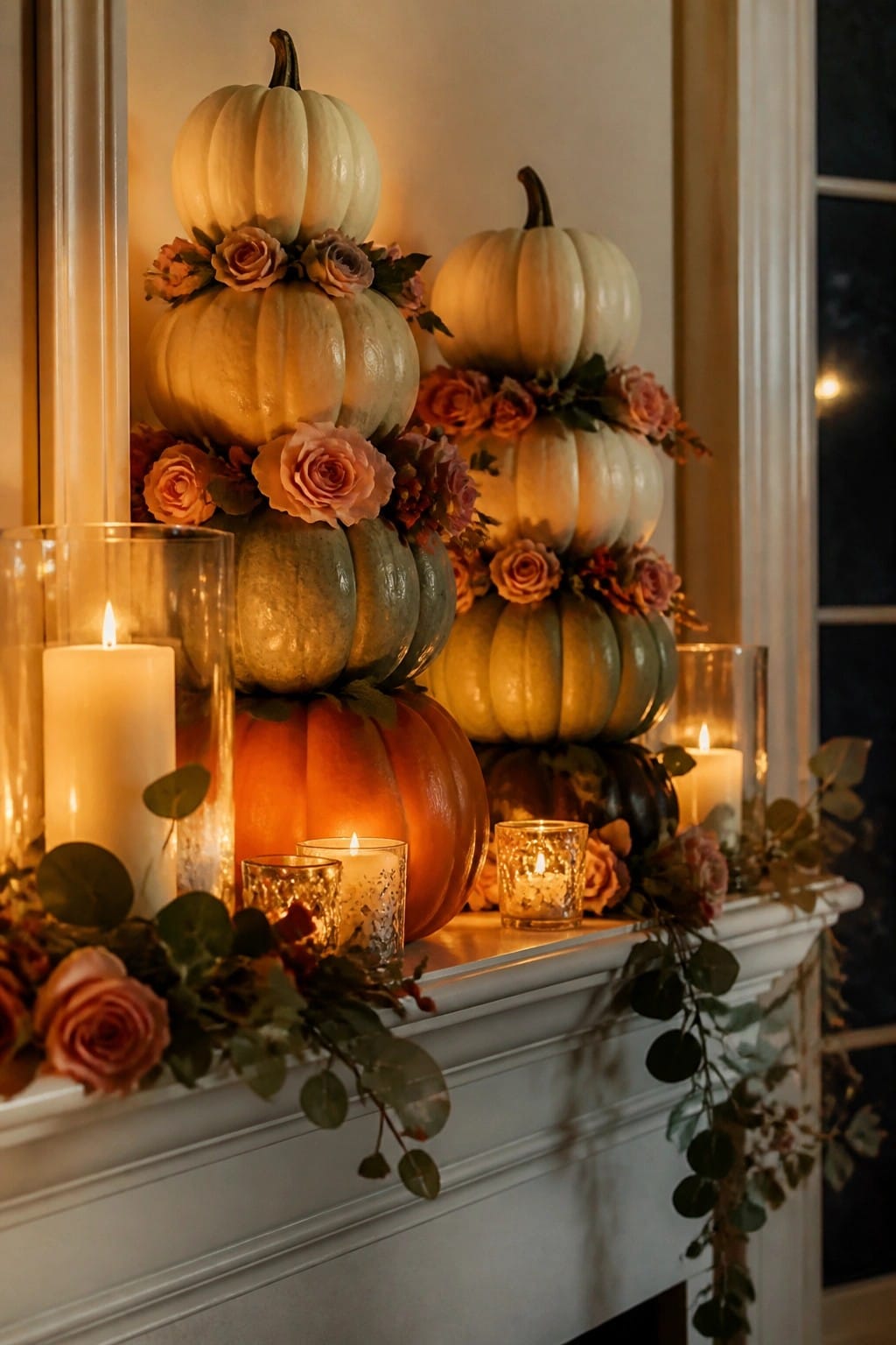Stacked white green and orange pumpkins with pink roses and lit candles on mantel
